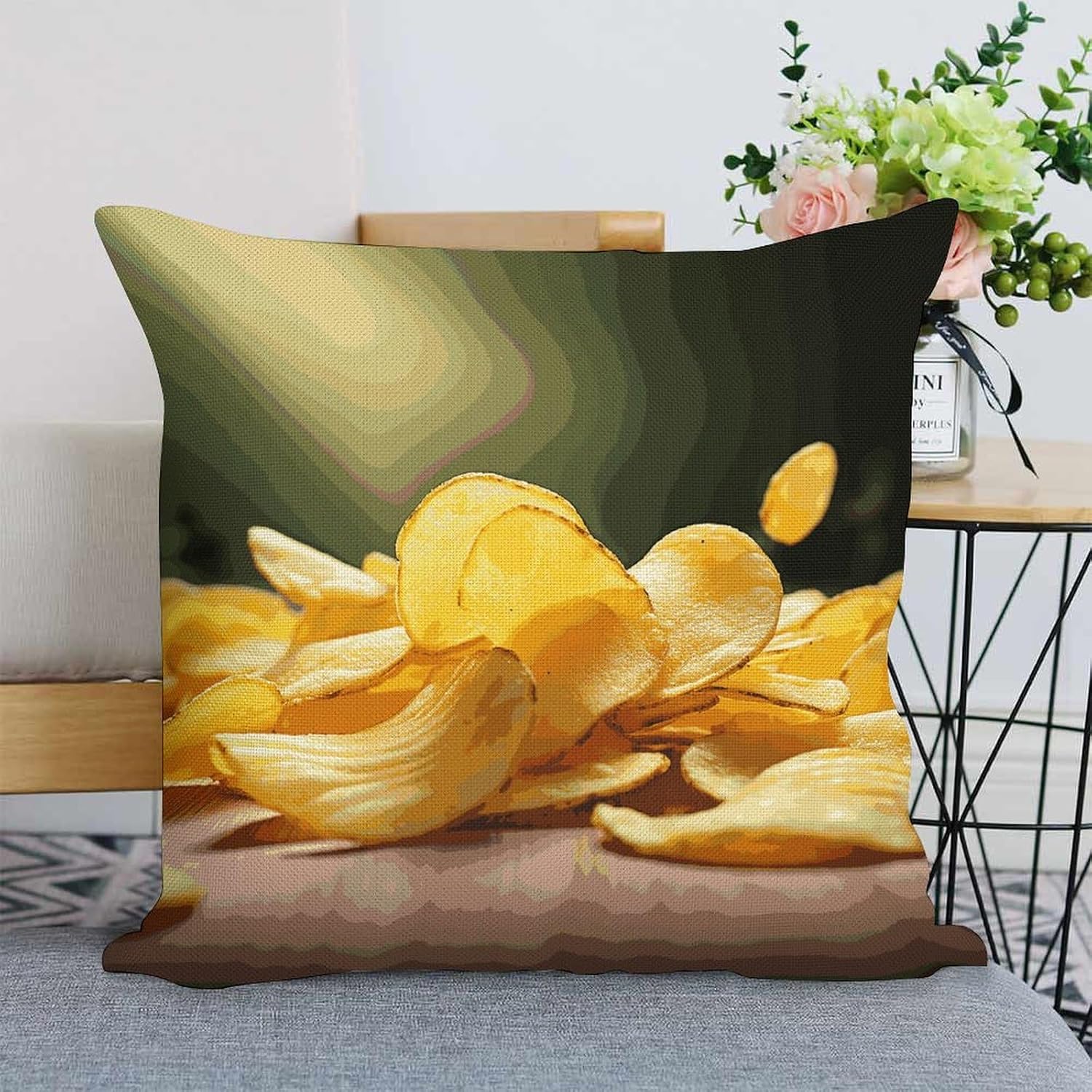 Potato Chips Pillow Protectors Cute Waterproof Pillow Cover Soft Skin-Friendly Cushion Case Decorative Square Cushion Cover for Couch Sofa Bed Living Room Bedroom