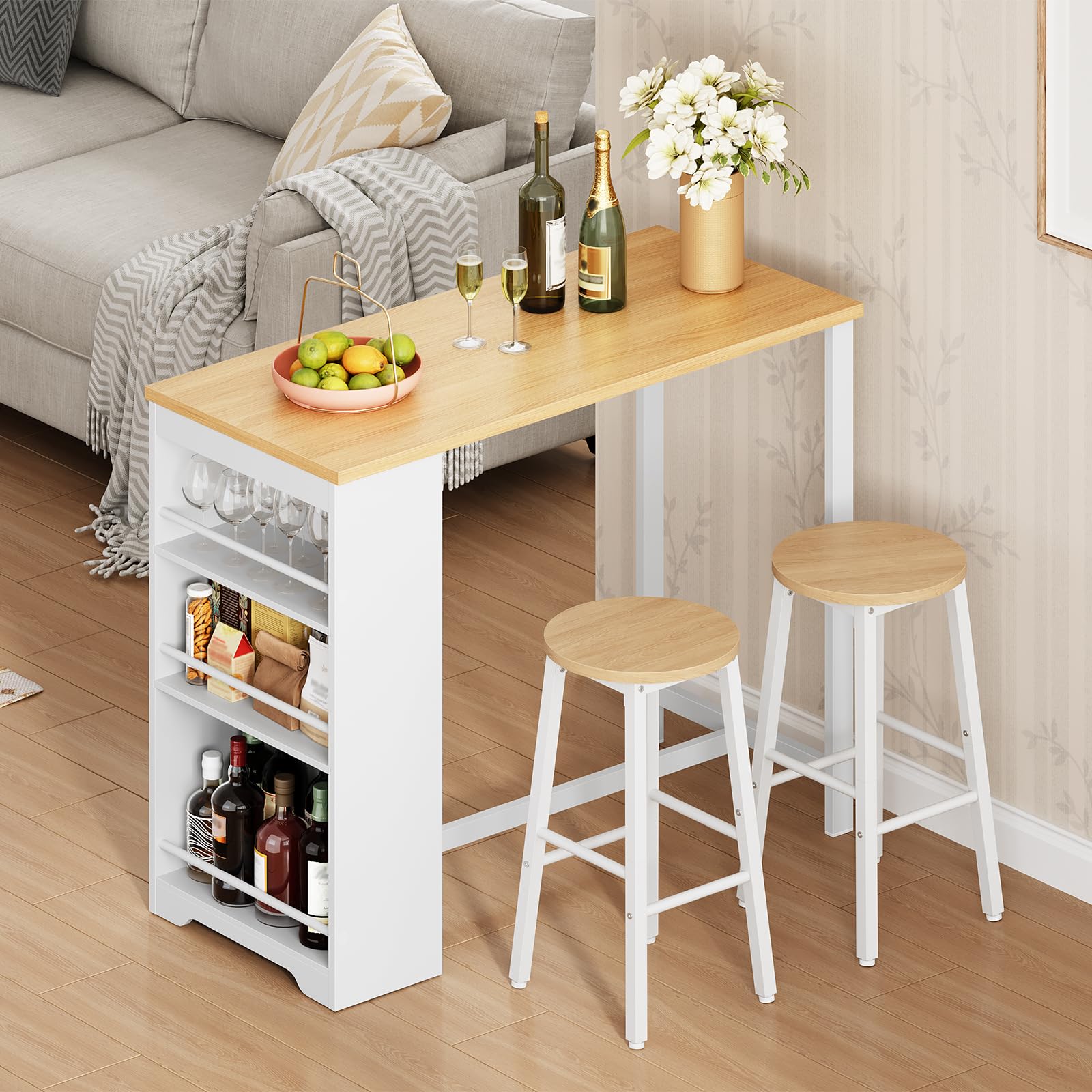 HOOBRO Bartisch Küche, Stehtisch mit 3 Ablageflächen, Küchentheke, Bistrotisch, Esstisch, 100 x 50 x 100 cm, für Bar, Küche, Wohn- und Esszimmer, Weiß und Naturfarbe EWN11BT01