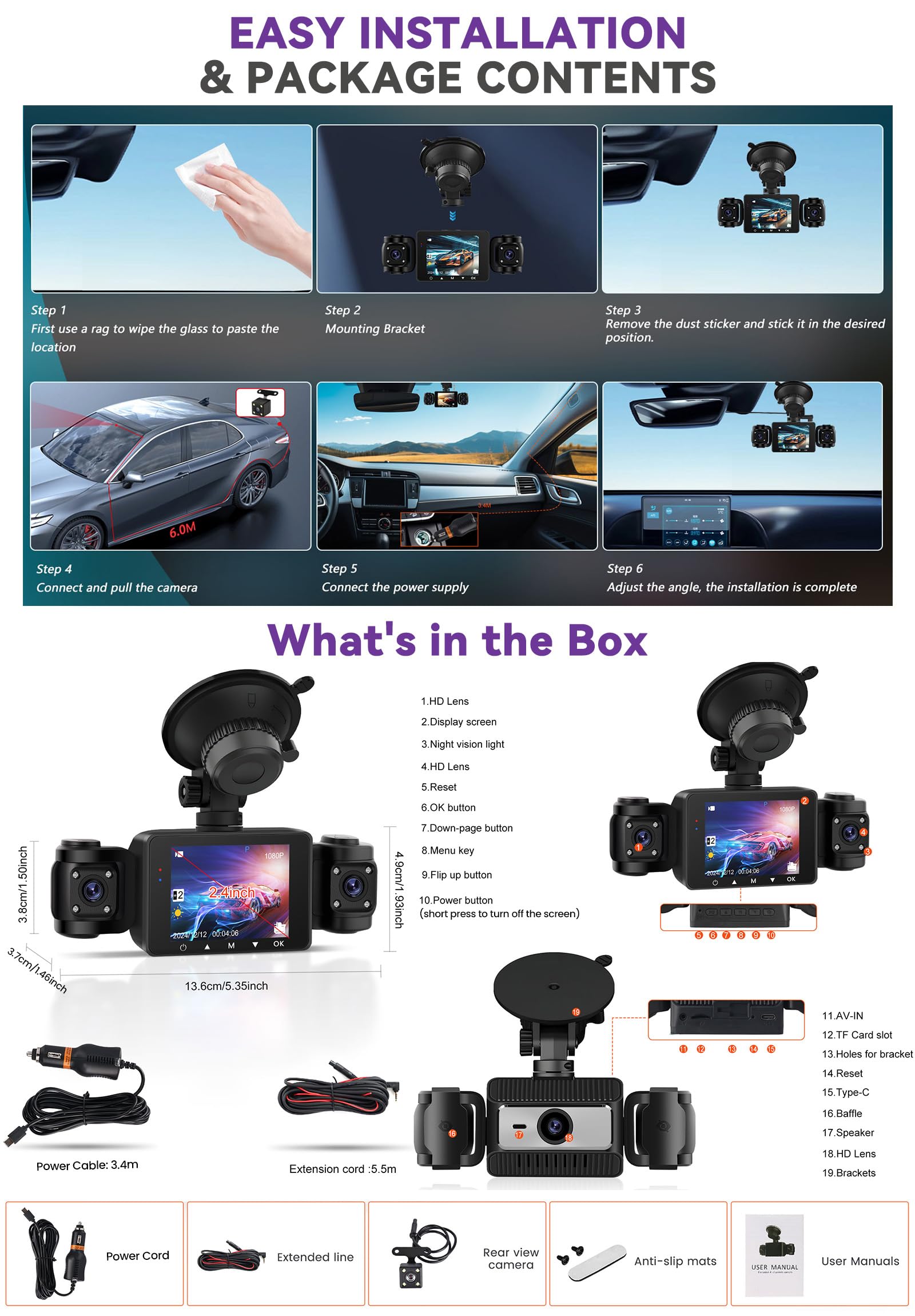 SIXWIN Dash CAM Coche 360° 4 Cámaras, 1080P, Pantalla Táctil IPS 2.4", Monitor de Estacionamiento 24H, Sensor G, Visión Nocturna, Asistente Marcha Atrás, Compatible 128GB, Universal para Todo Coche