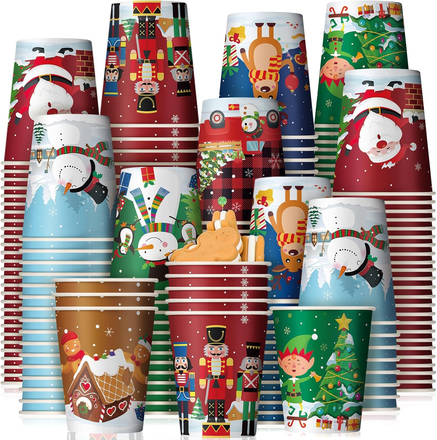 Zhehao 200 Pcs Christmas 9 oz Paper Cups Disposable Coffee Cups Santa Snowman Elk Disposable Hot Cups Xmas Party Drinkware Supplies for Holiday Tea Beverage Cocoa Cold Hot Drink (Xmas Tree Style)