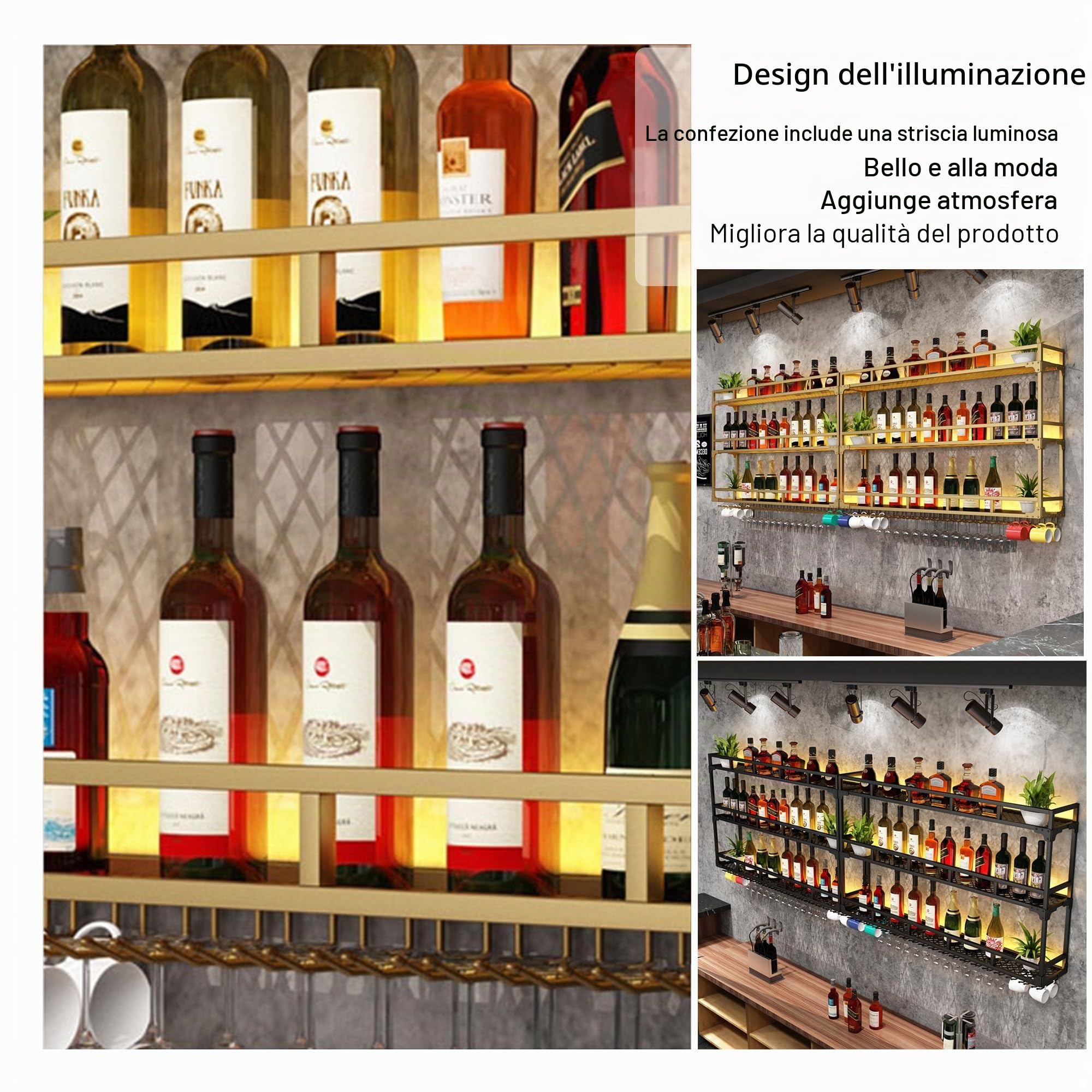 Portabottiglie con Luce Porta Bottiglie di Vino da Parete con Portabicchieri Scaffale da Parete con Porta Bicchieri Sospesi Mensole Cucina Porta Vini Angolo Bar per Casa Sala da Pranzo Bar(Black,80*25