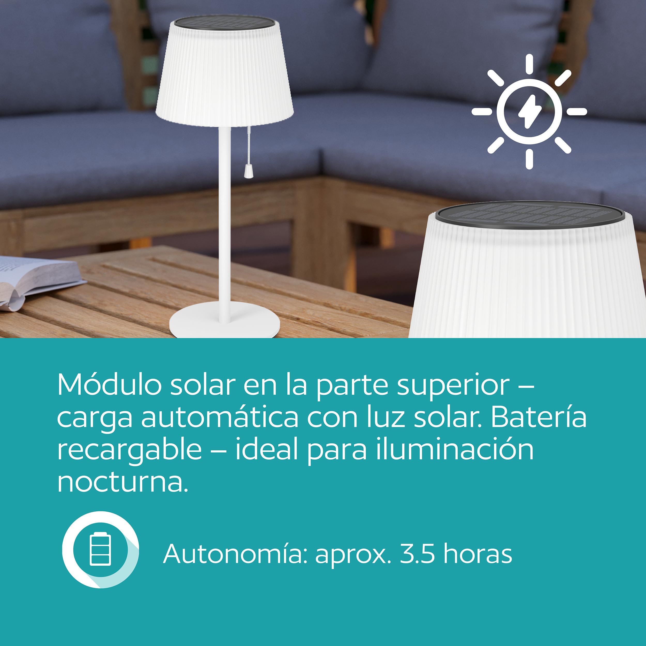 EGLO Scordiano Lámpara de mesa solar para exteriores, con batería, con interruptor de cadena, inalámbrica, acero y plástico en blanco, cálido - frío, IP44