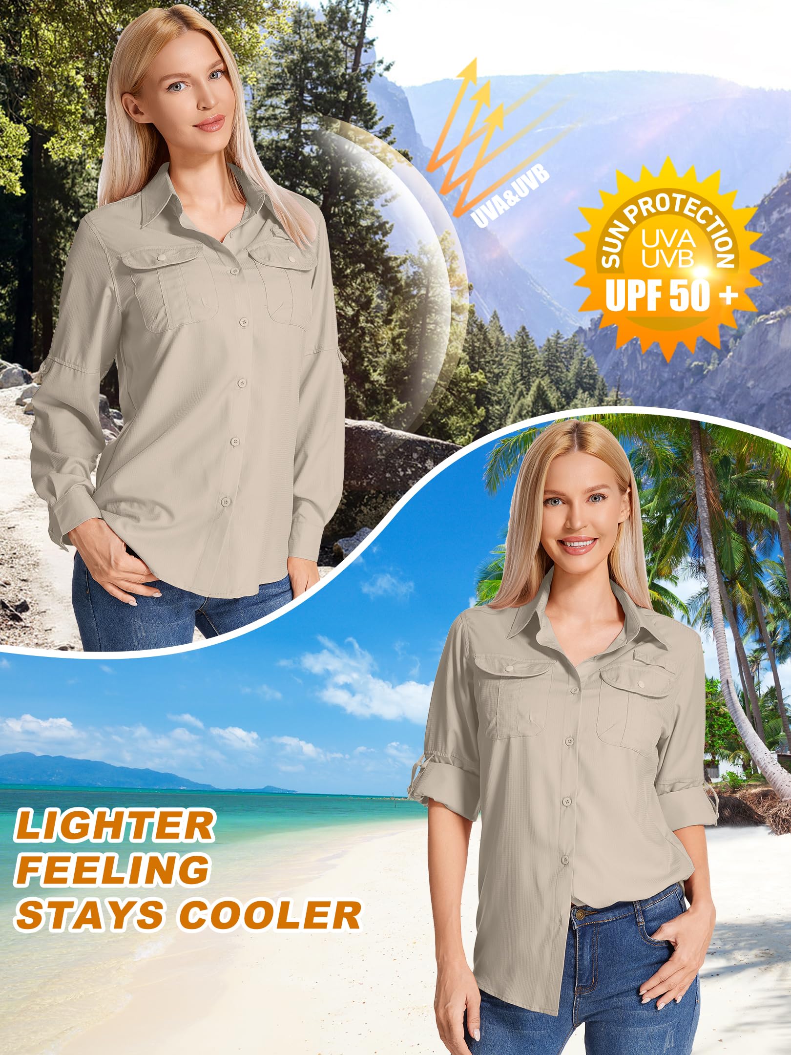 Camisa de Safari para Mujer Manga Larga - Tejido Transpirable y Secado rápido - Protección Solar UPF - Ideal para Pesca, Senderismo, Trekking, Acampada y Viajes - Ruta técnica Outdoor