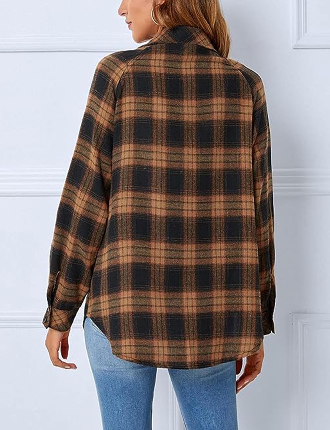 Bozanly Womens Flannel Plaid Shirts Oversized Long Sleeve Button Down Shacket Blouse Tops - Image 5