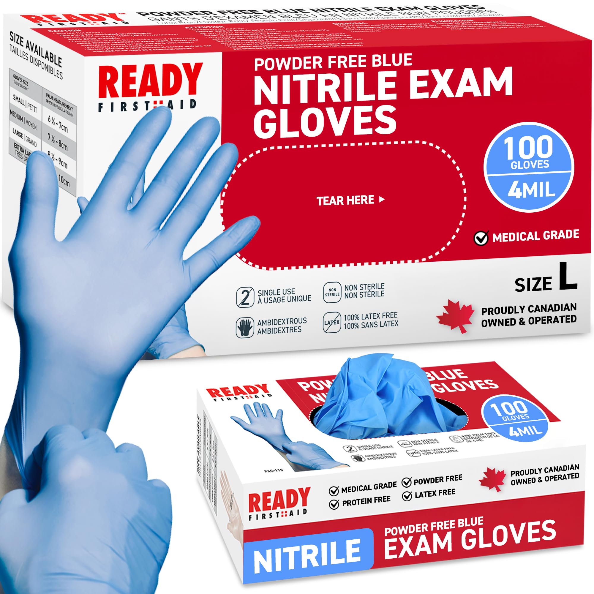 Ready First Aid Nitrile Disposable Gloves, Medical Grade Powder