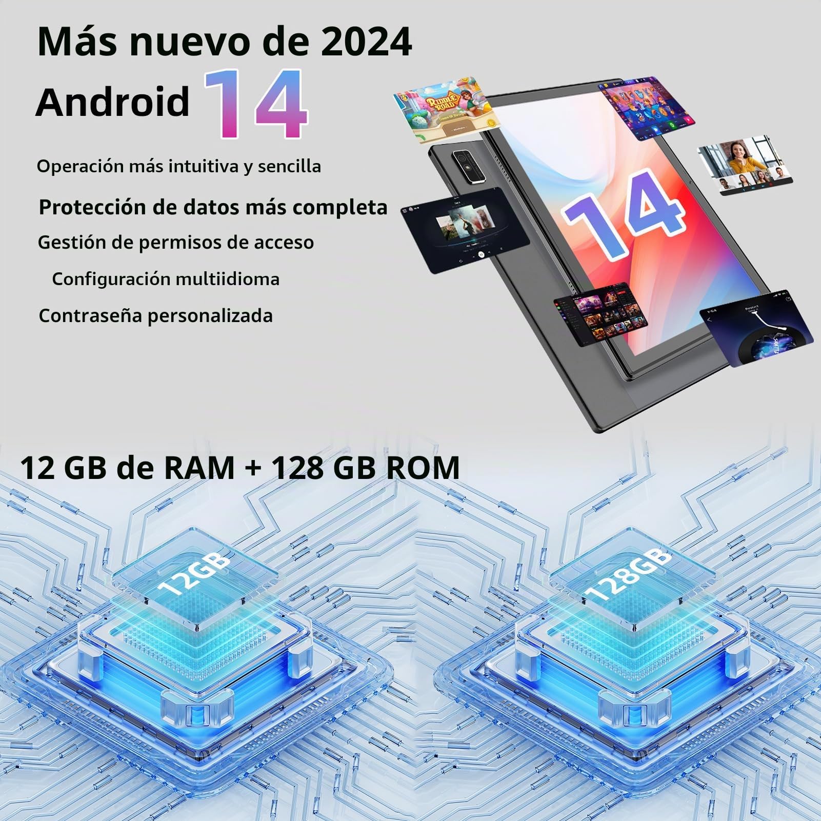 EagleSoar 2025 Última Tableta Android 14, Tablet 10 Pulgadas 12GB ROM+128GB RAM (Expansión de 1TB), Tablet con Procesador Octa-Core, 10000mAh, Doble Banda 2.4/5G WiFi, 1280x800 FHD IPS-Gris