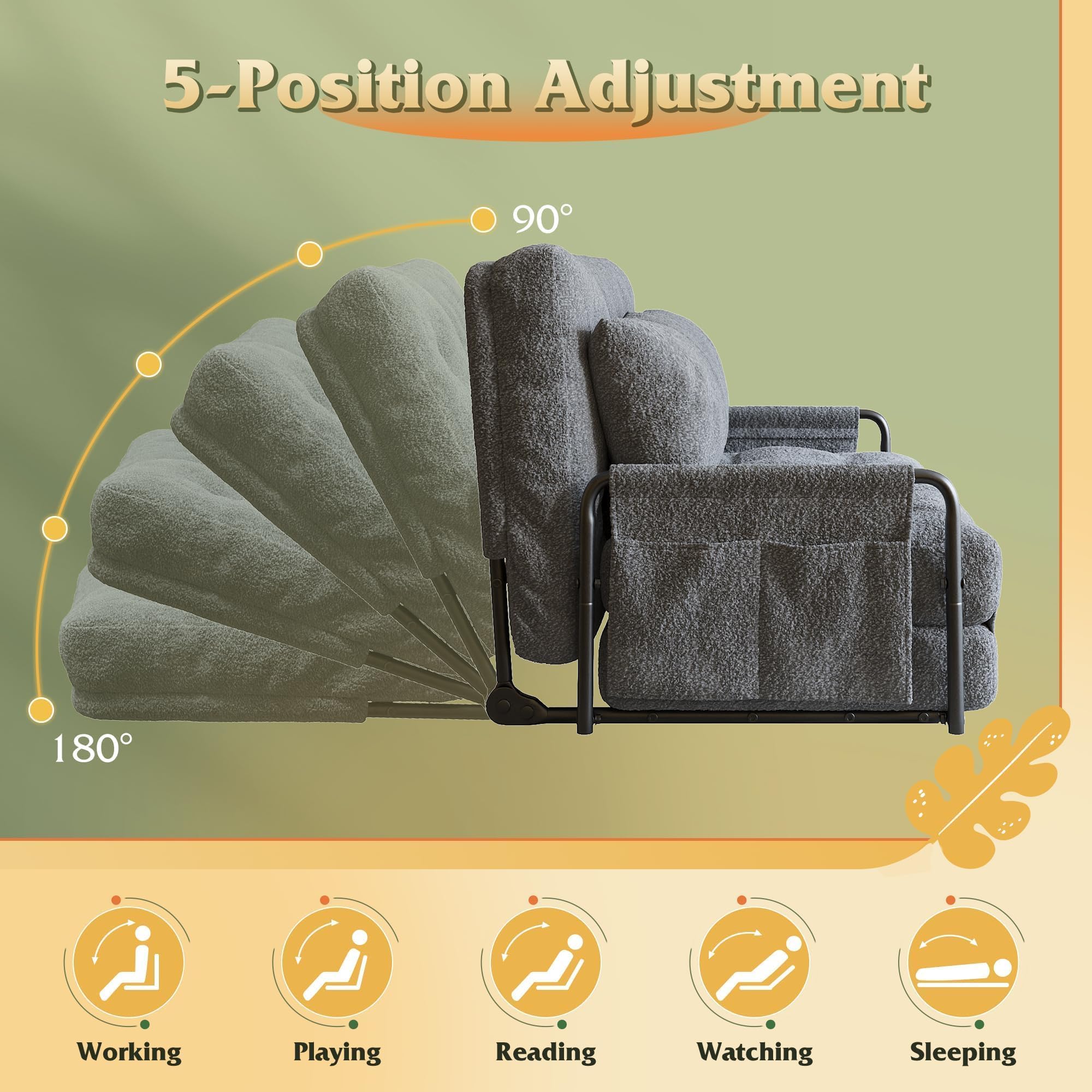 WLIVE Futon Sofa Bed, Floor Chair with Adjustable Backrest, Bean Bag Bed for Adults, with Armrest, Pillow, Low Profile for Living Room, Reading, Bedroom, Loveseat, Grey