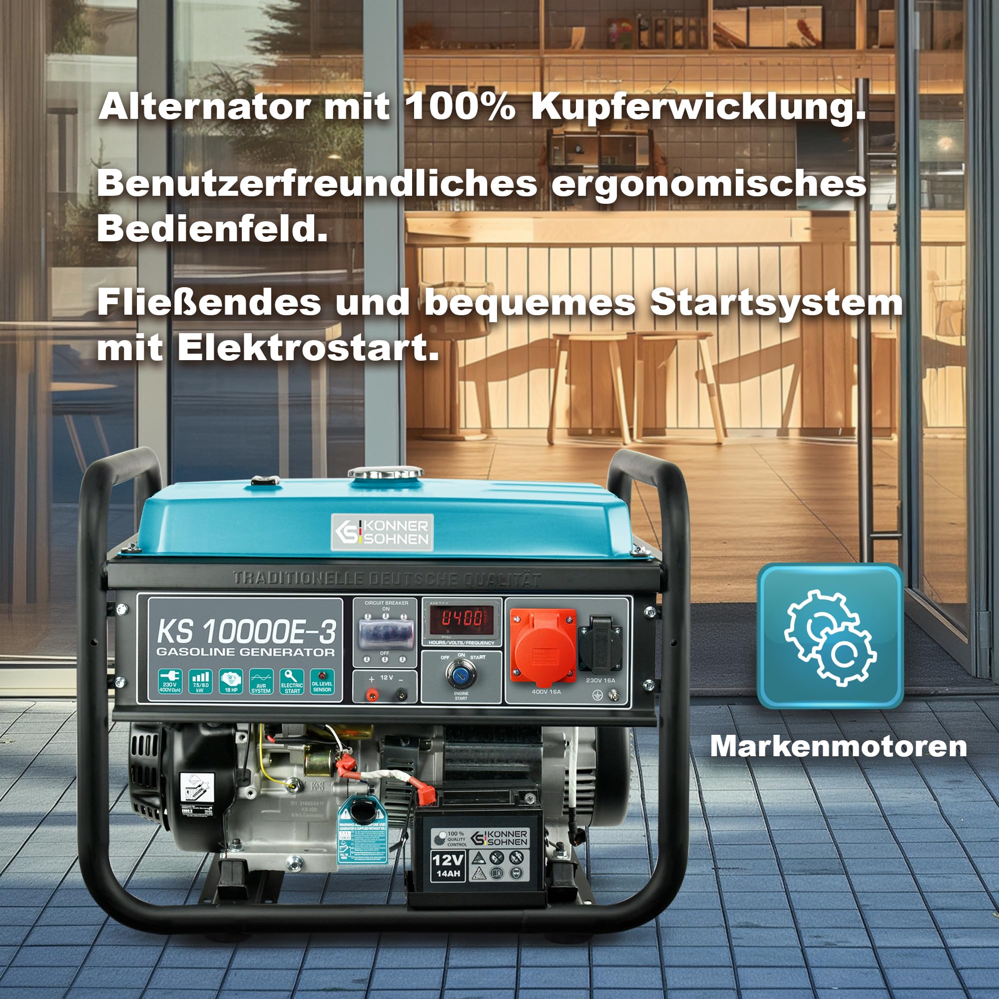 Könner & Söhnen KS 10000E-3 Stromerzeuger, 18 PS 4-Takt Benzinmotor, E-Start, Automatischer Spannungsregler, Anzeige, 1x16A (400V), 1x16A (230V) Generator…