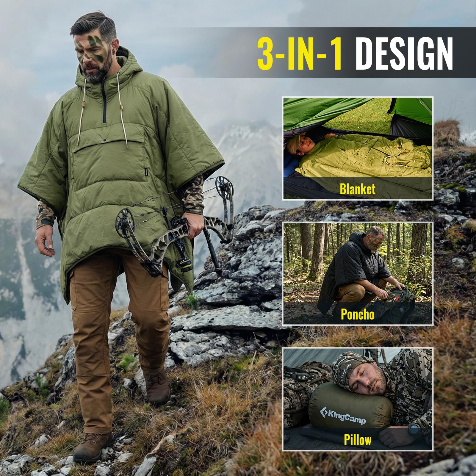 KingCamp Poncho con cappuccio ultraleggero per l'acqua, coperta calda per campeggio, poncho ultraleggero compatto, sacco a pelo, verde