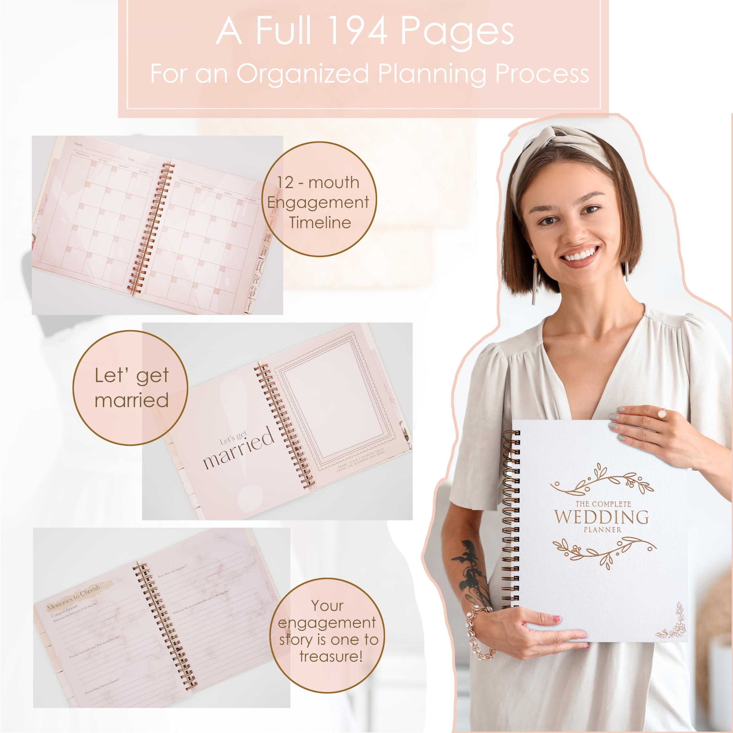 Hochzeitsplaner-Organizer-Buch, Hochzeitsplanungsbuch für Braut und Holzeinband, 12 Monate bis zum großen Tag (Weiß-C)
