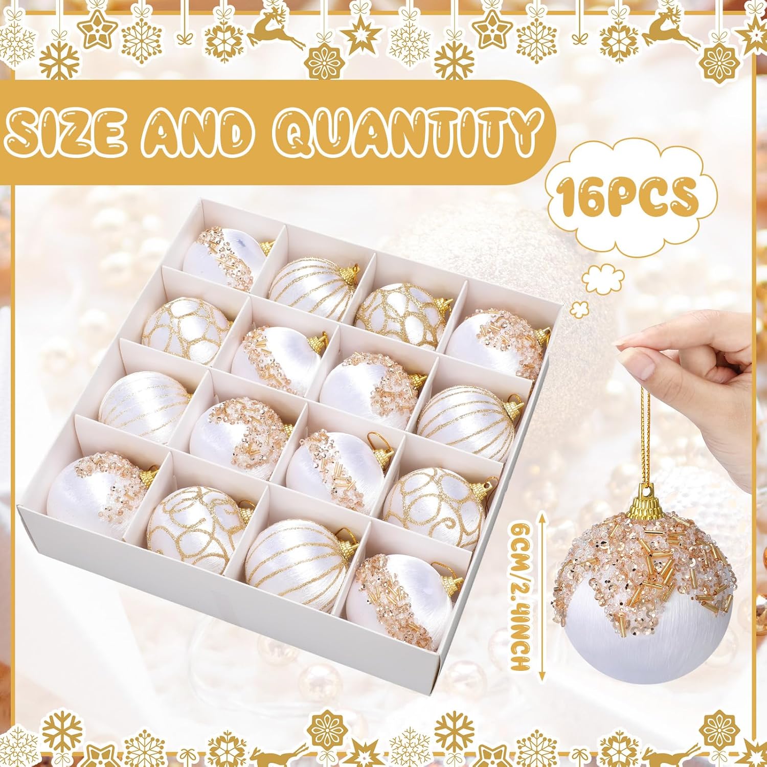 Soulchen 16 Pcs White Satin Christmas Balls Ornaments 2.36" Silk Shatterproof Christmas Tree Ornaments Xmas Hanging Decorations for Xmas Party Tree Home Decor