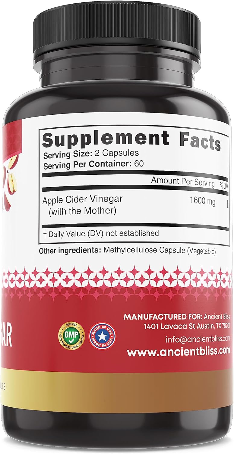 Ancient Bliss Apple Cider Vinegar Organic Capsules with The Mother, Helps Improve Digestion, Unfiltered Vinegar Capsules, 1600MG (120 Capsules) - Image 6