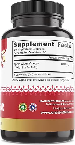 Miniatura 6 de Ancient Bliss Cápsulas orgánicas de vinagre de sidra de manzana con la madre, ayuda a mejorar la digestión, cápsulas de vinagre sin filtrar, 1600 mg