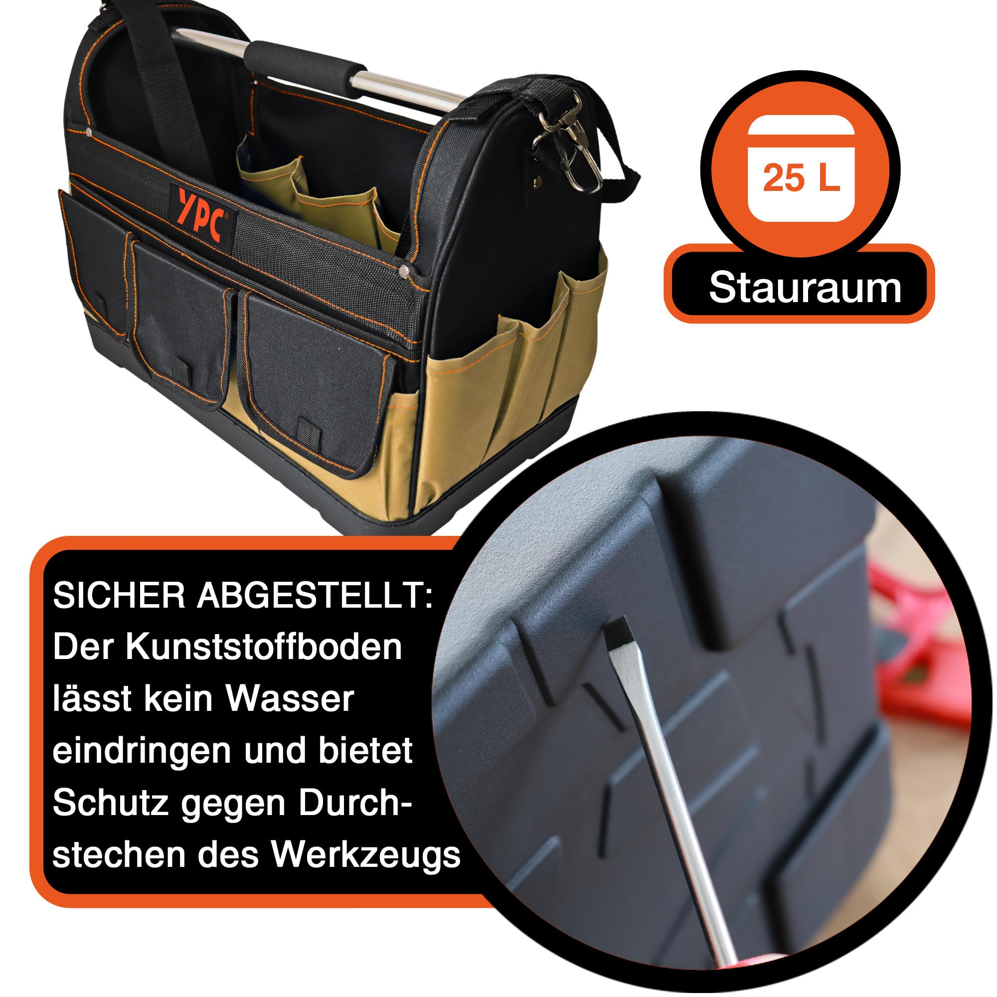 YPC Pioneer – Panier à outils XXL, sable-noir, 45x35x23cm, capacité de charge 20 kg