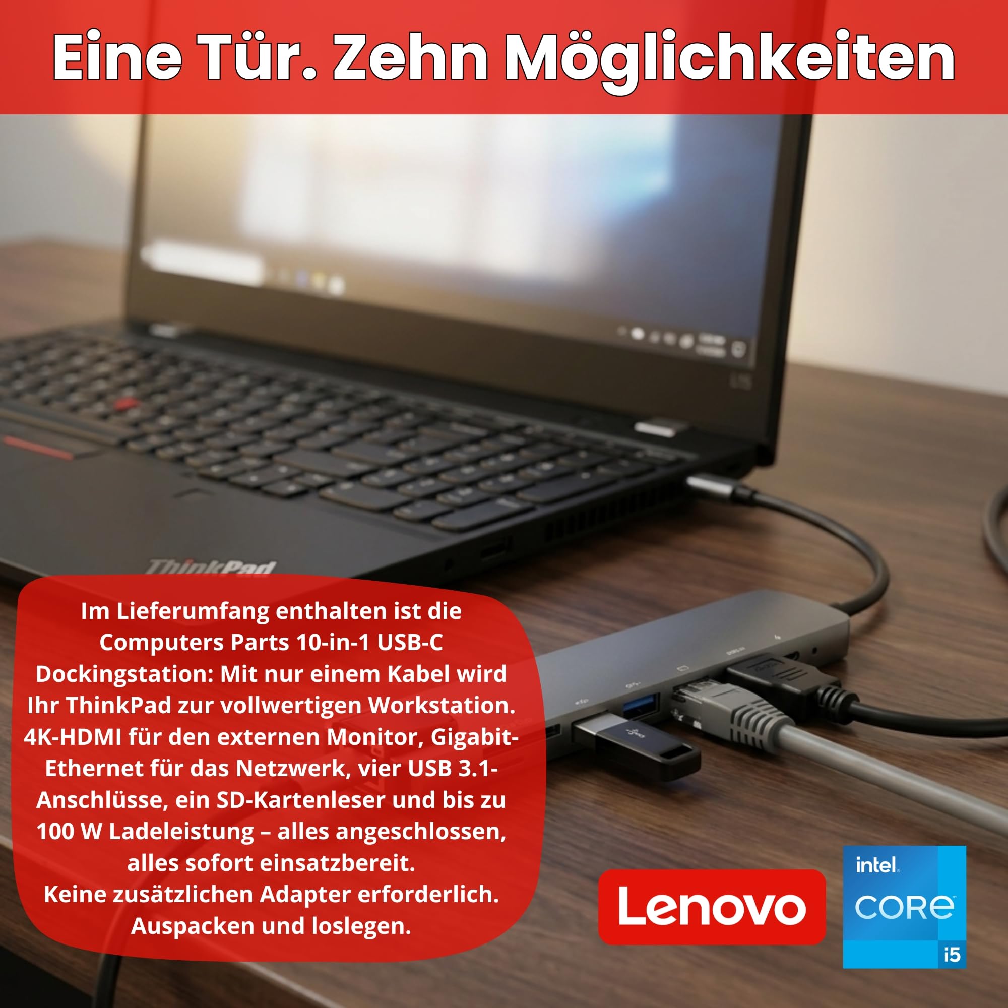 Lenovo ThinkPad L15 Notebook Refurbished 15.6 Zoll Full HD | Intel Core i5-10210U Kerne 4.2GHz | 16GB DDR4 | SSD 512GB nvme | USB-C HDMI Wi-Fi 6 | Windows 11 Pro + Docking Station | 24 Monate Garantie