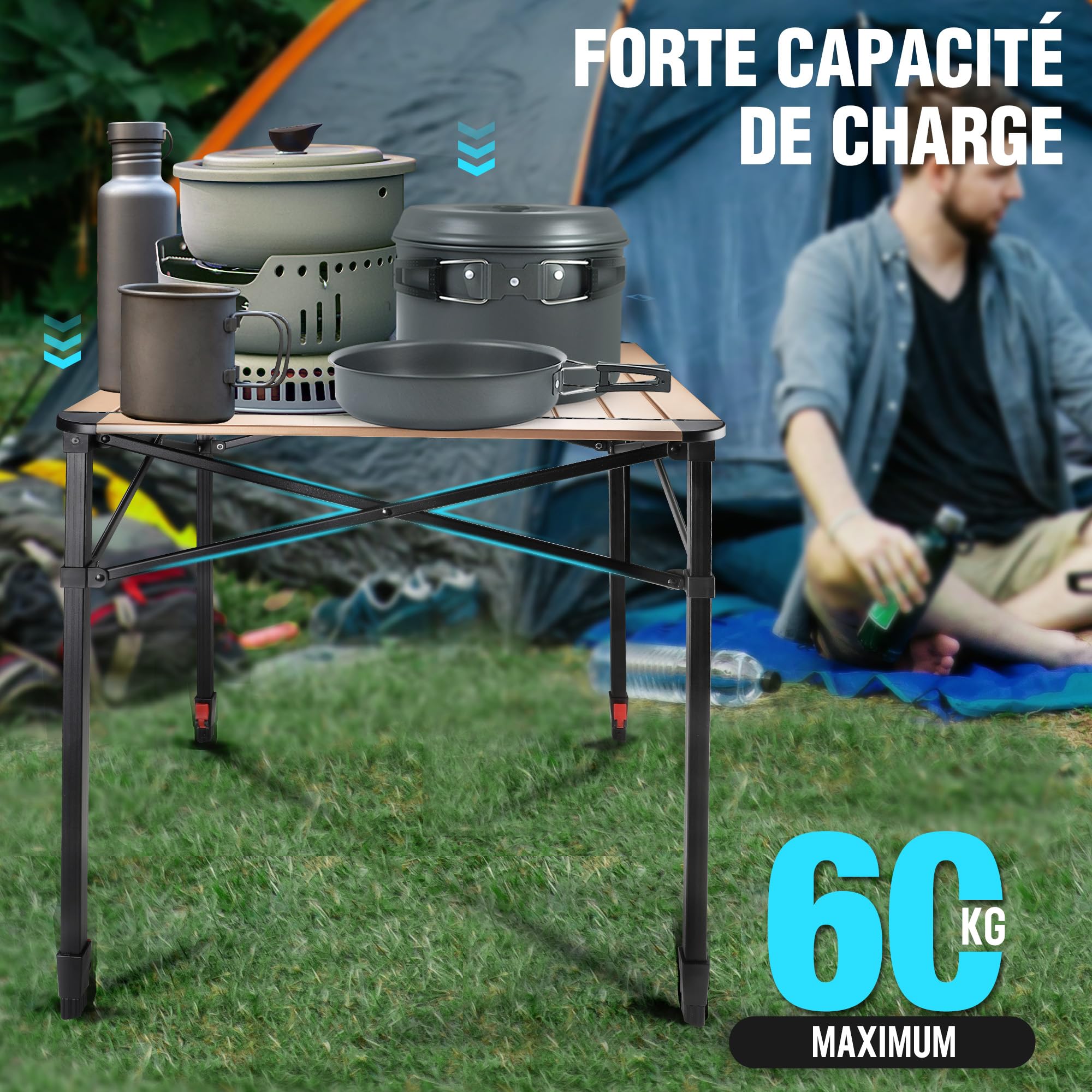 VILLEY Table de Camping Pliante, Table de Pique-Nique Pliable en Aluminium, Table Extérieure Portable avec Sac de Rangement, Table Pliante à Hauteur Réglable pour Randonnée Cuisine Jardin Plage, Large