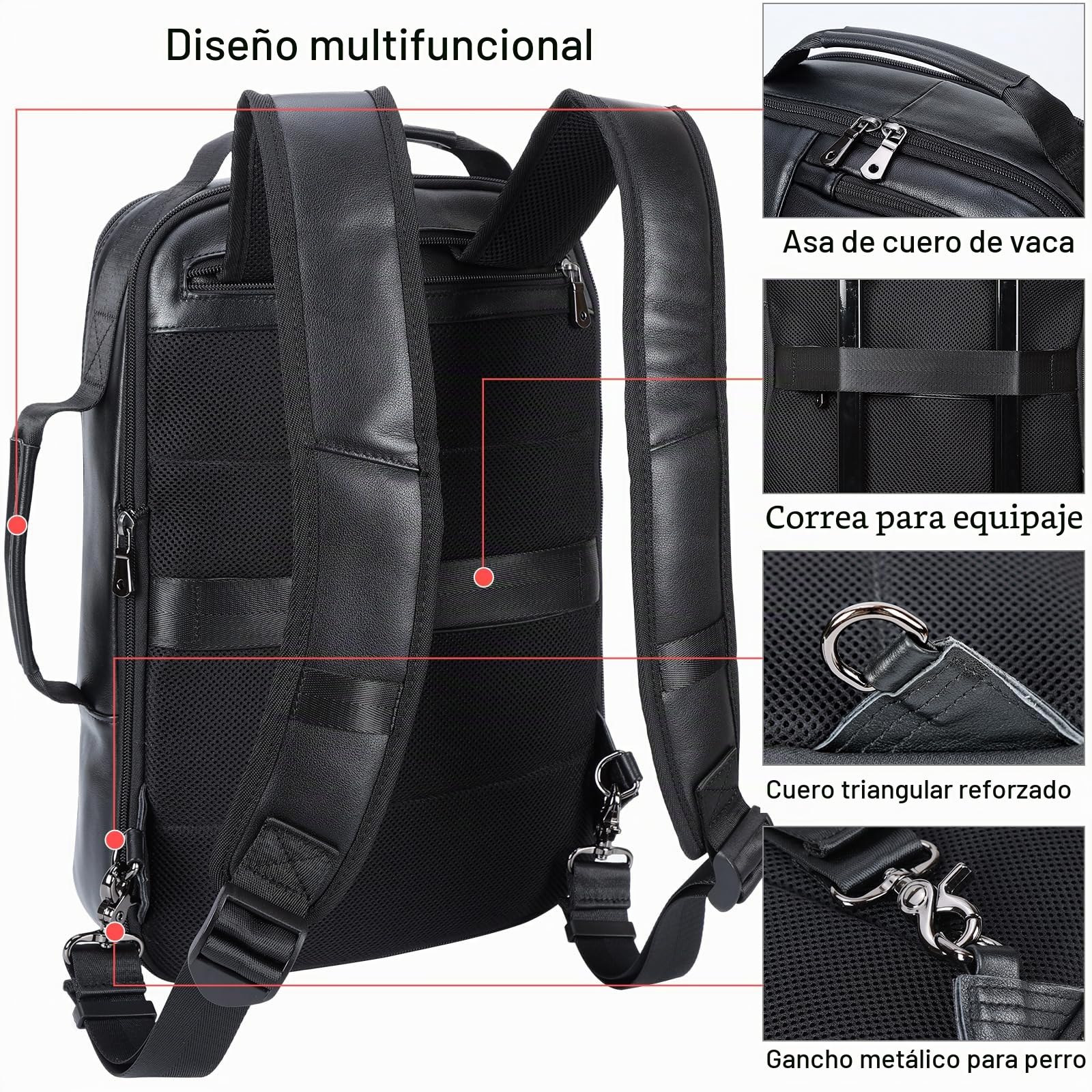 TIDING Mochila Portatil 15.6 Pulgadas para Hombre de Cuero Genuino Profesional Convertible en Maletin Ampliable Antirrobo Gran Capacidad de Viaje Diario, Negro