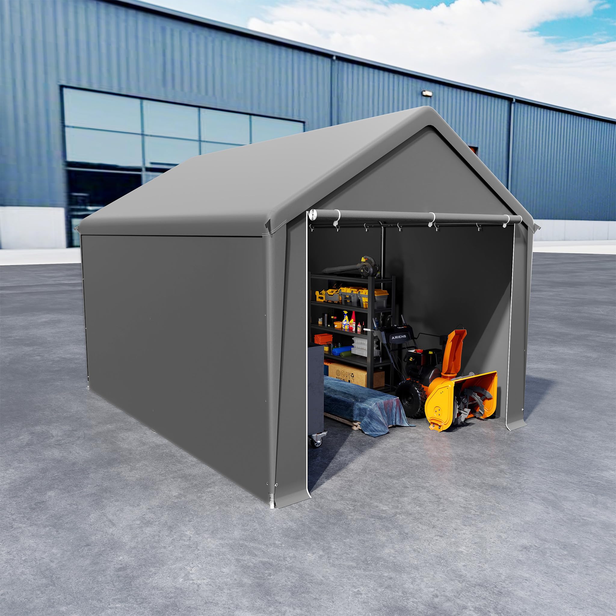 UISEBRT Tienda de almacén, 3 x 4 m, impermeable, con robusto toldo de PE y estructura de acero, ideal como garaje para herramientas, herramientas de jardín, paletas (gris)