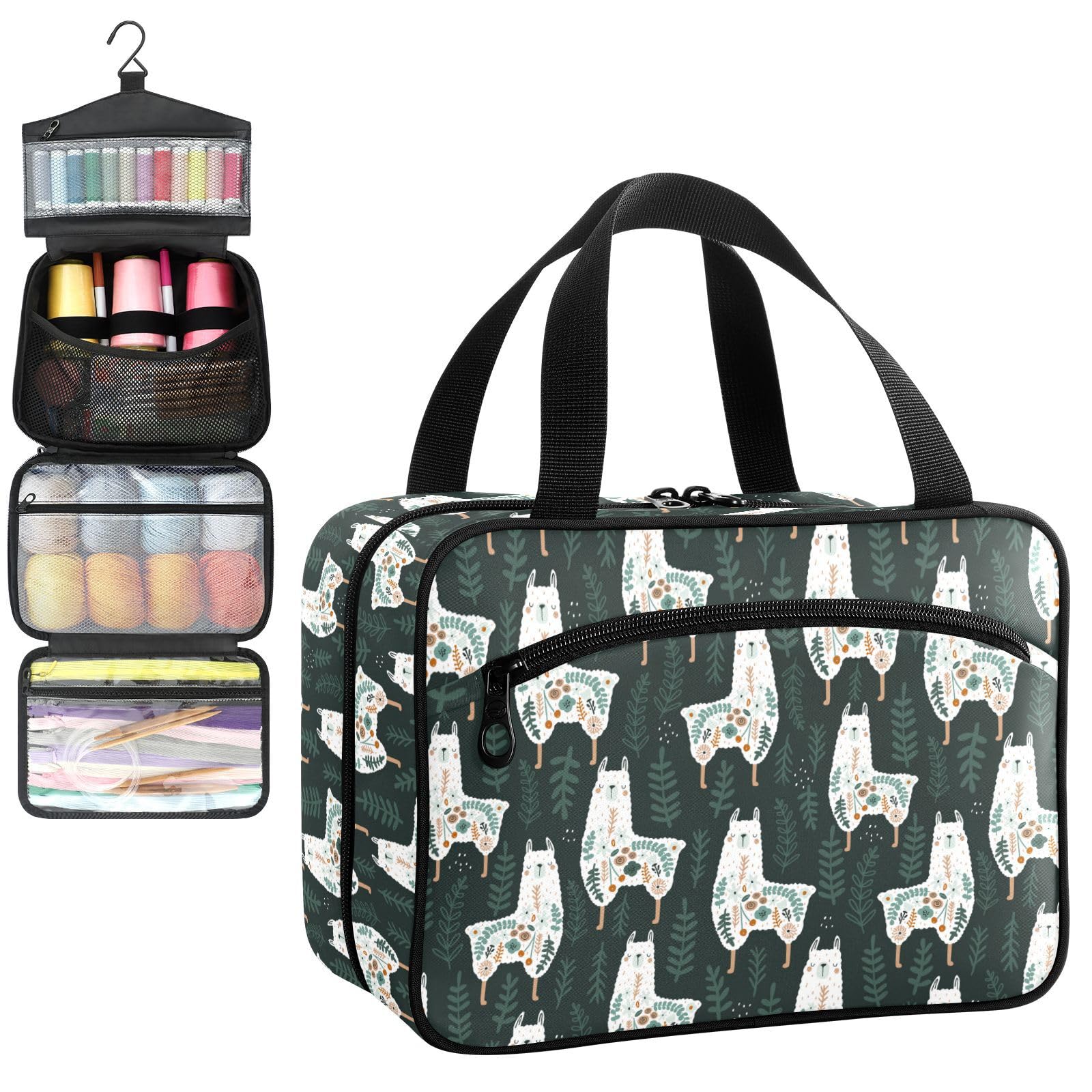 YNNALE Sewing Supply Organizer Bag, Cute Llamas with Green Leafs Portable Sewing Bags with Pockets&Hanger, Sewing Storage Box Case for Sew Supplies/Kit/Tools/Accessories (BAG ONLY)