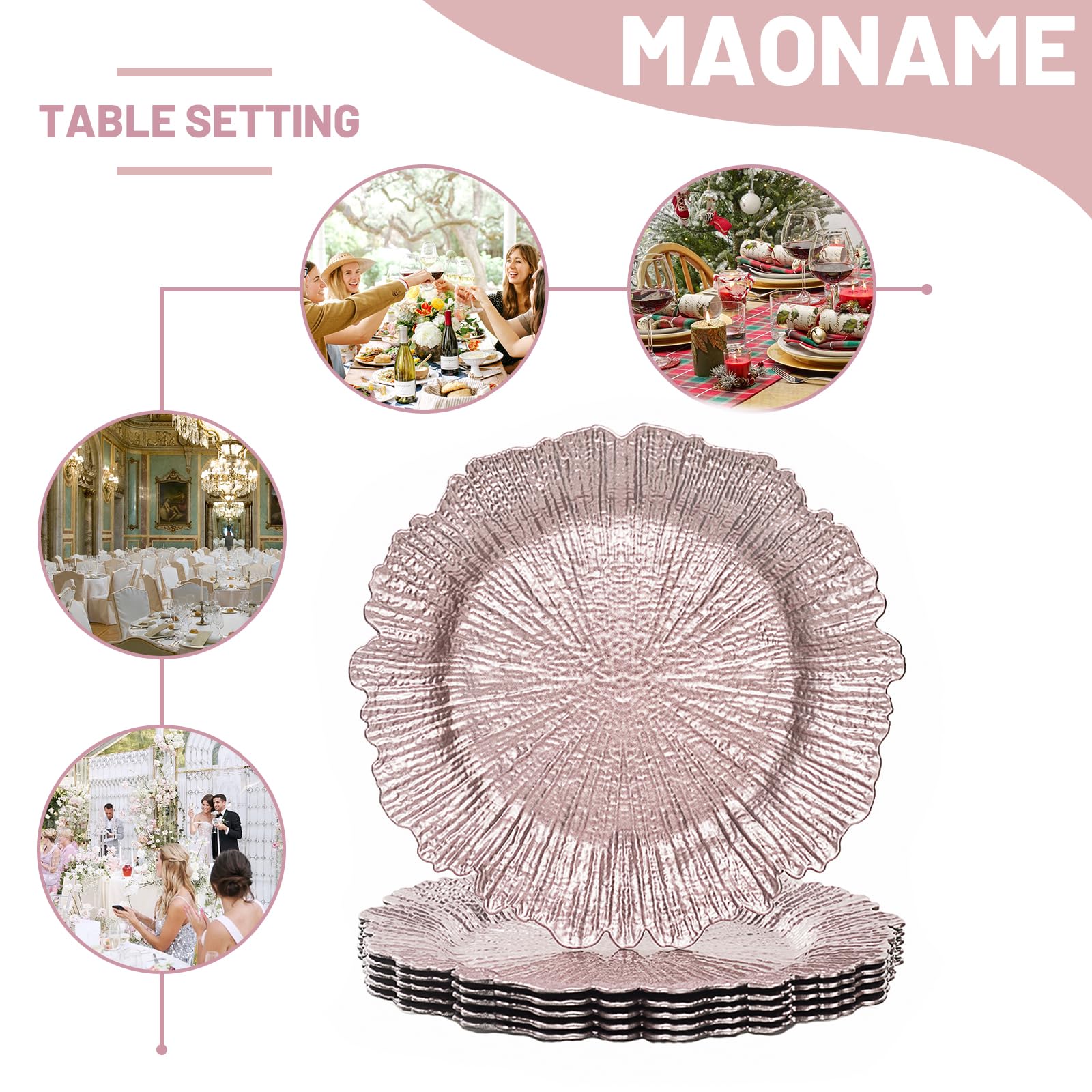 MAONAME Okrągłe talerze do ładowania rafy 33 cm, różowe ładowarki do talerzy, plastikowe ładowarki na talerze obiadowe, Święto Dziękczynienia, Boże Narodzenie, ślub