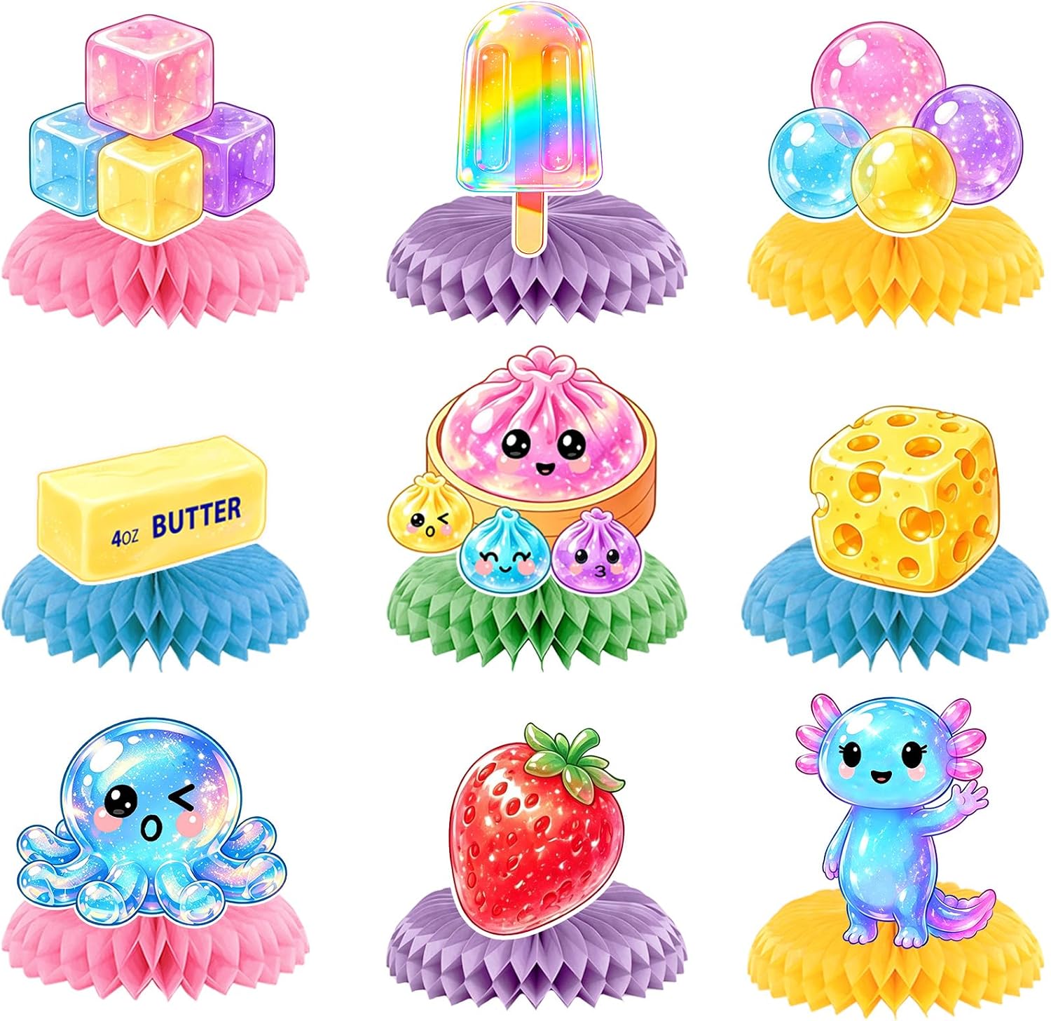 Kawaii Squishy Birthday Decorations 9 Pcs Squishy Honeycomb Centerpieces Slow Rising Dumpling Cheese Dimsum Party Decorations for Birthday