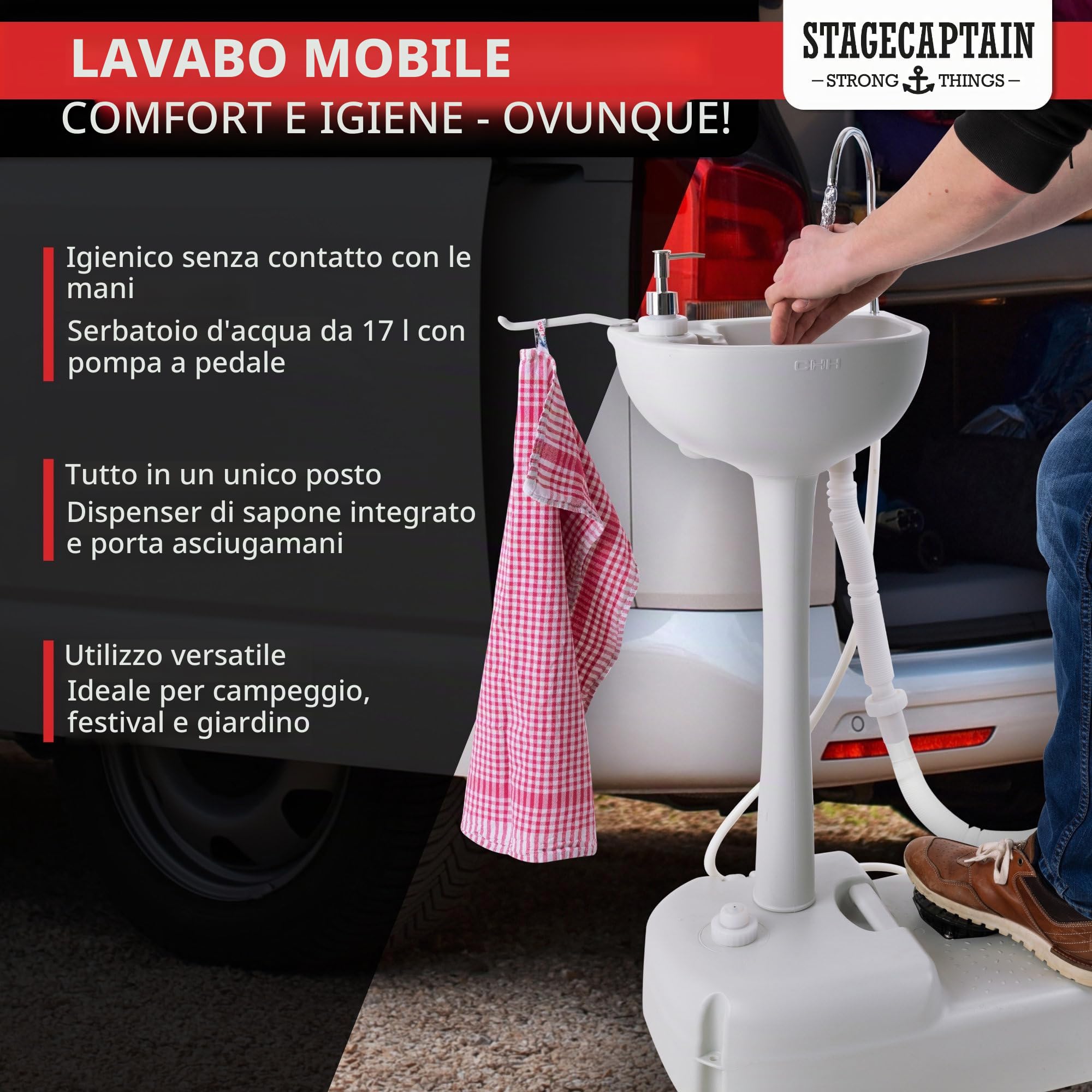 Stagecaptain PSW-17 Quixie Lavabo portatile da campeggio set deluxe - Lavandino mobile lavaggio viaggio all'aperto serbatoio pompa meccanica pedale - Lavello con ruote e serbatoio delle acque