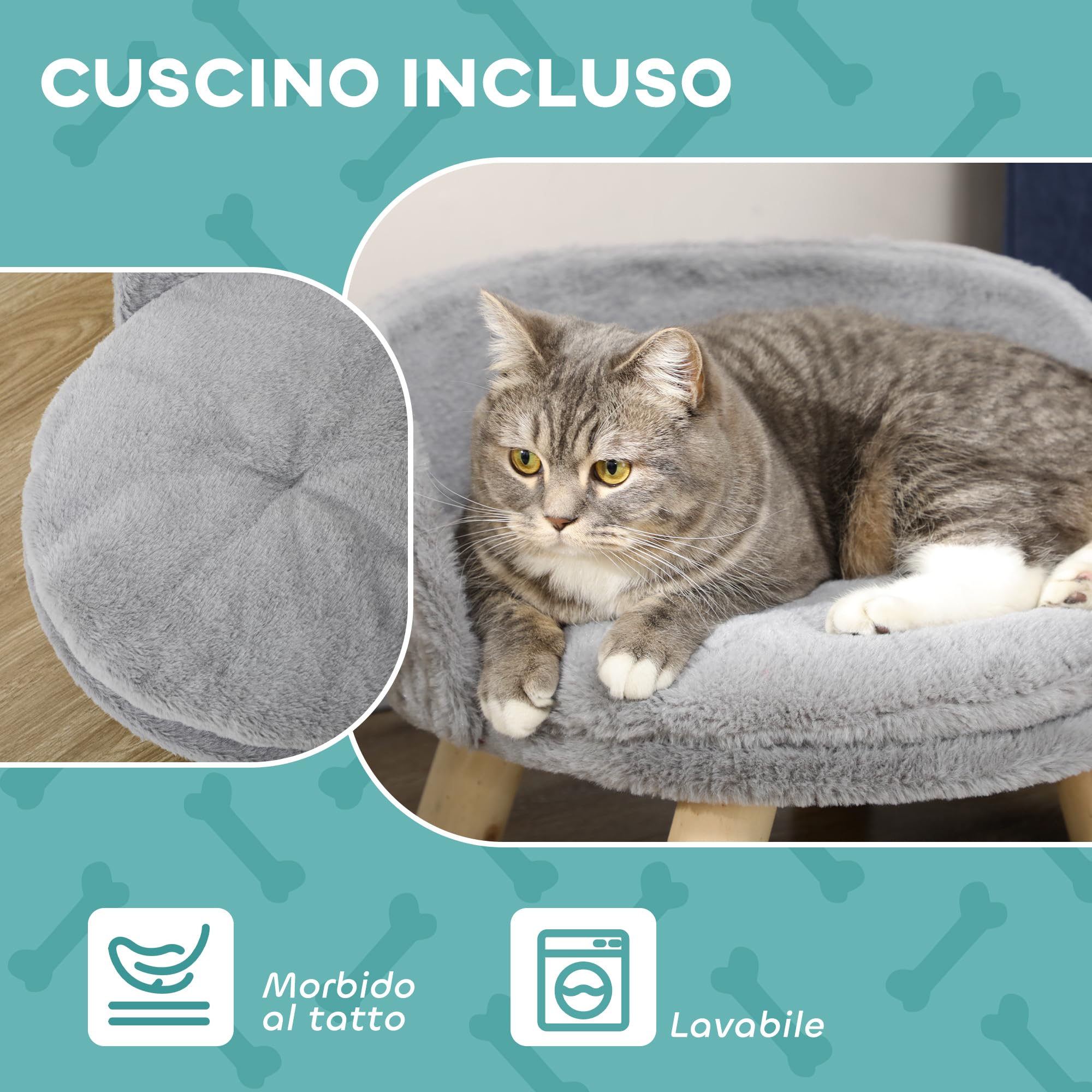 PawHut Lettino per Cani Taglia Media di 5 kg Massimo Rotondo, Divano per Cani in Tessuto di Peluche e Legno con Cuscino Extra Lavabile in Cotone PP, Ø40.5x33 cm, Grigio