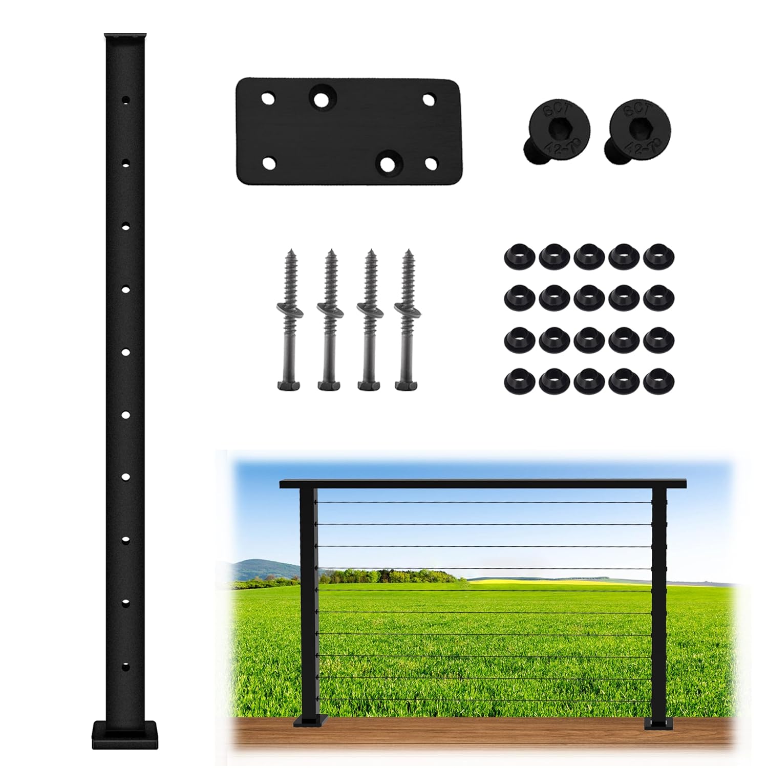 36 Cable Railing Post – Fixed Top Mount Black Metal Level Cable Railing Posts,Suitable for Horizontal Deck Surfaces-1Pcs