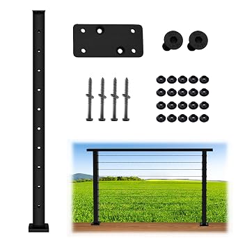 36" Cable Railing Post Fixed Top Mount Black Metal Level Cable Railing Posts,Suitable for Horizontal Deck Surfaces-1Pcs