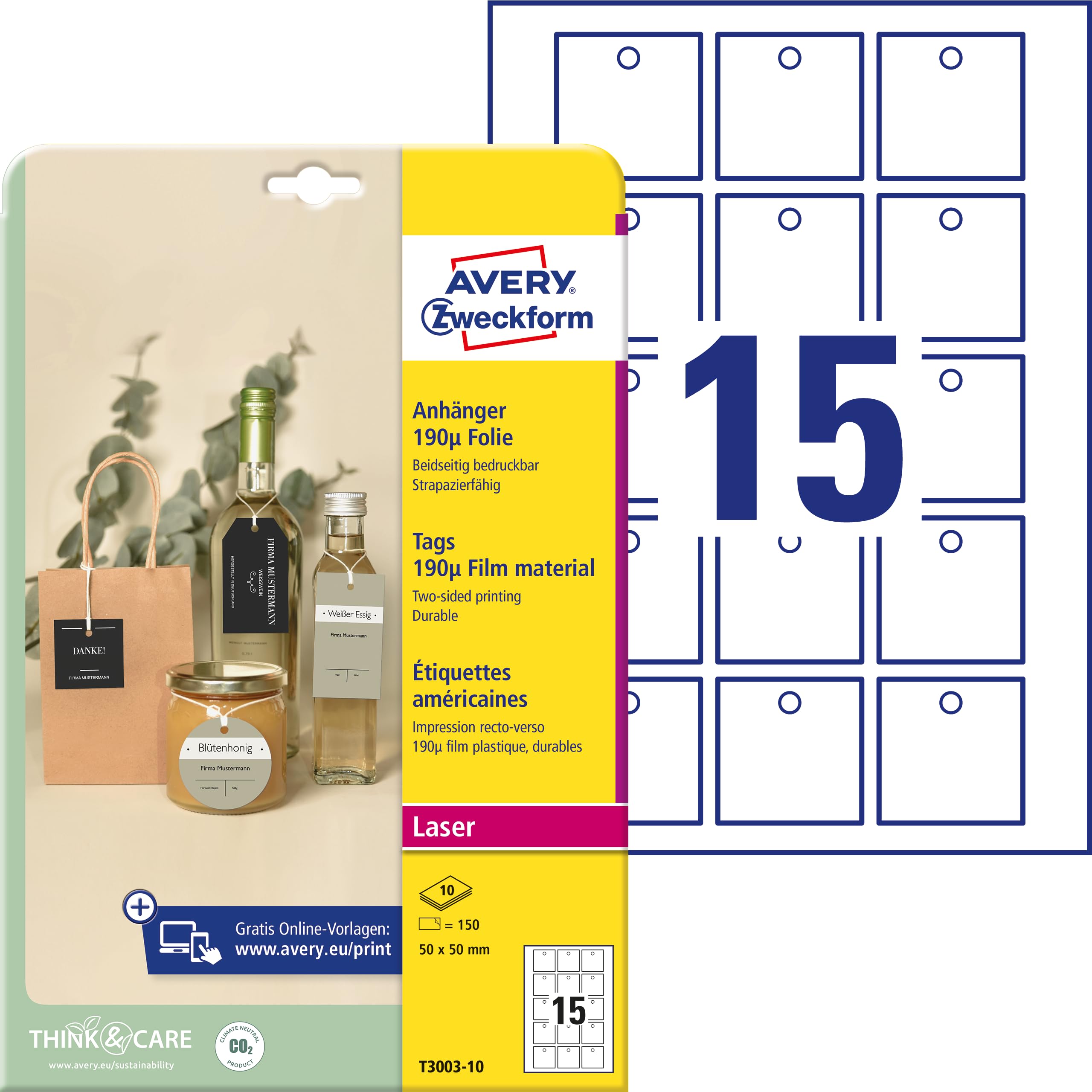 AVERY Zweckform T3003-10 Sturdy Tags Pack of 150 with Cords (50 x 50 mm on A4, Printable on Both Sides, Tear-Resistant, Durable Gift Tags, Price Tags) Foil, White