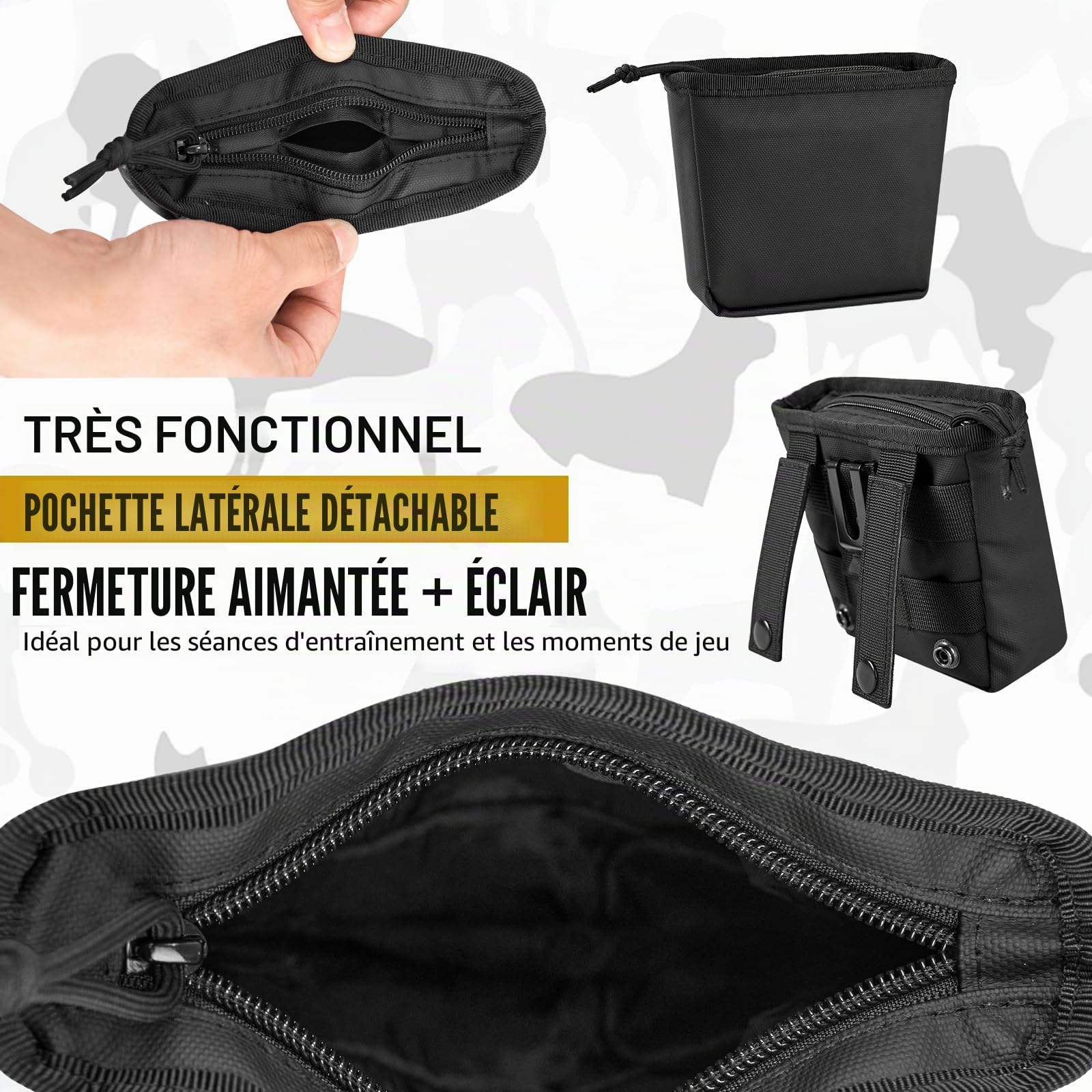 OneTigris Sac friandise Chien, Grande capacité Sac Banane étanche Multifonction, Distributeur pour Sacs à Déjections, Compartiment pour téléphone Portable, Pochette Friandise Fermeture Magnétique