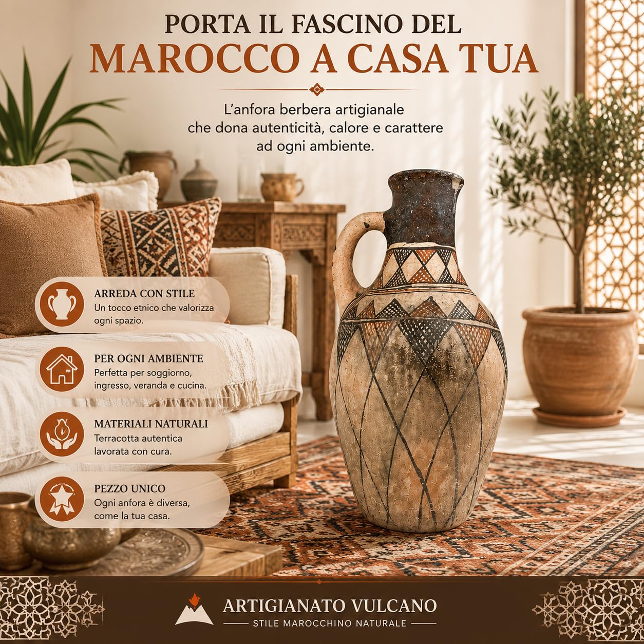 Vaso Anfora Berbera Marocchina in Terracotta Realizzata a Mano, Anfora Decorativa Artigianale, Stile Etnico per Arredo Casa, Vaso da Pavimento 42 cm