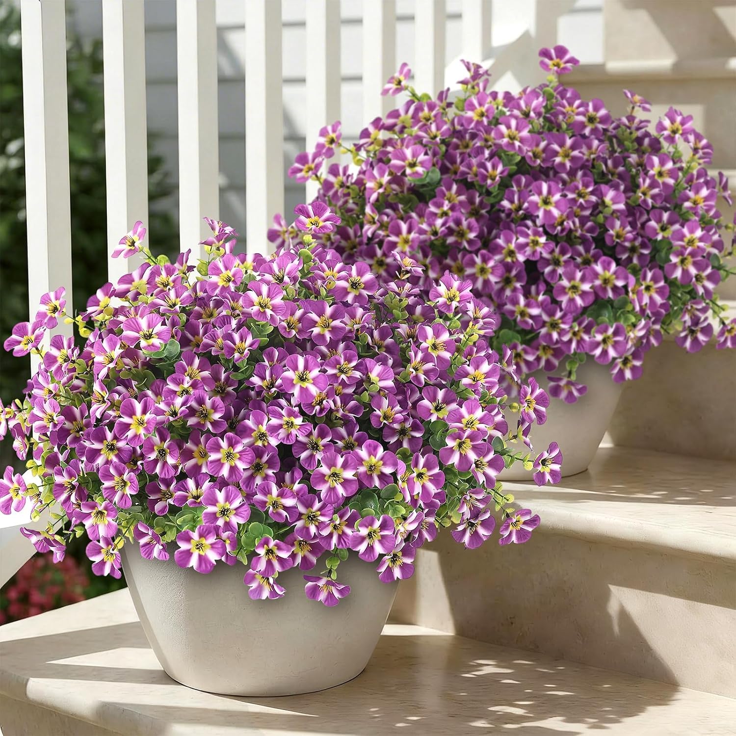 VIERENA 24 Bundles Artificial Flowers and Eucalyptus for Outside, Sun Resistant Silk Fake Morning Glory with Faux Eucalyptus Plants for Garden Porch Farmhouse Home Spring Summer Decor (Purple)