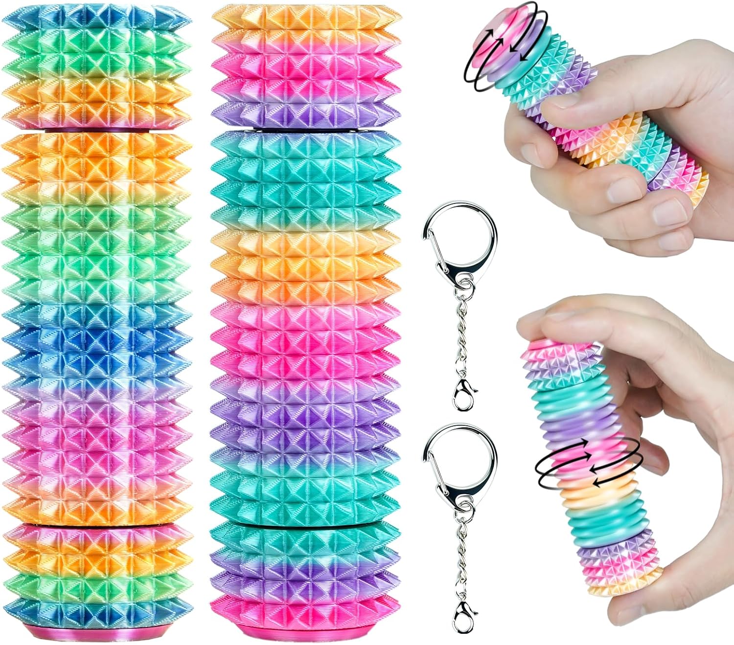 Pain Stim Fidget Toy — Rotatable Spiky Keychain,Little Spiky Ouchies Style,3D Printed Sensory Tool for Anxiety,Stocking Stuffer Gifts for Teens & Adults(Rainbow+Rainbow)