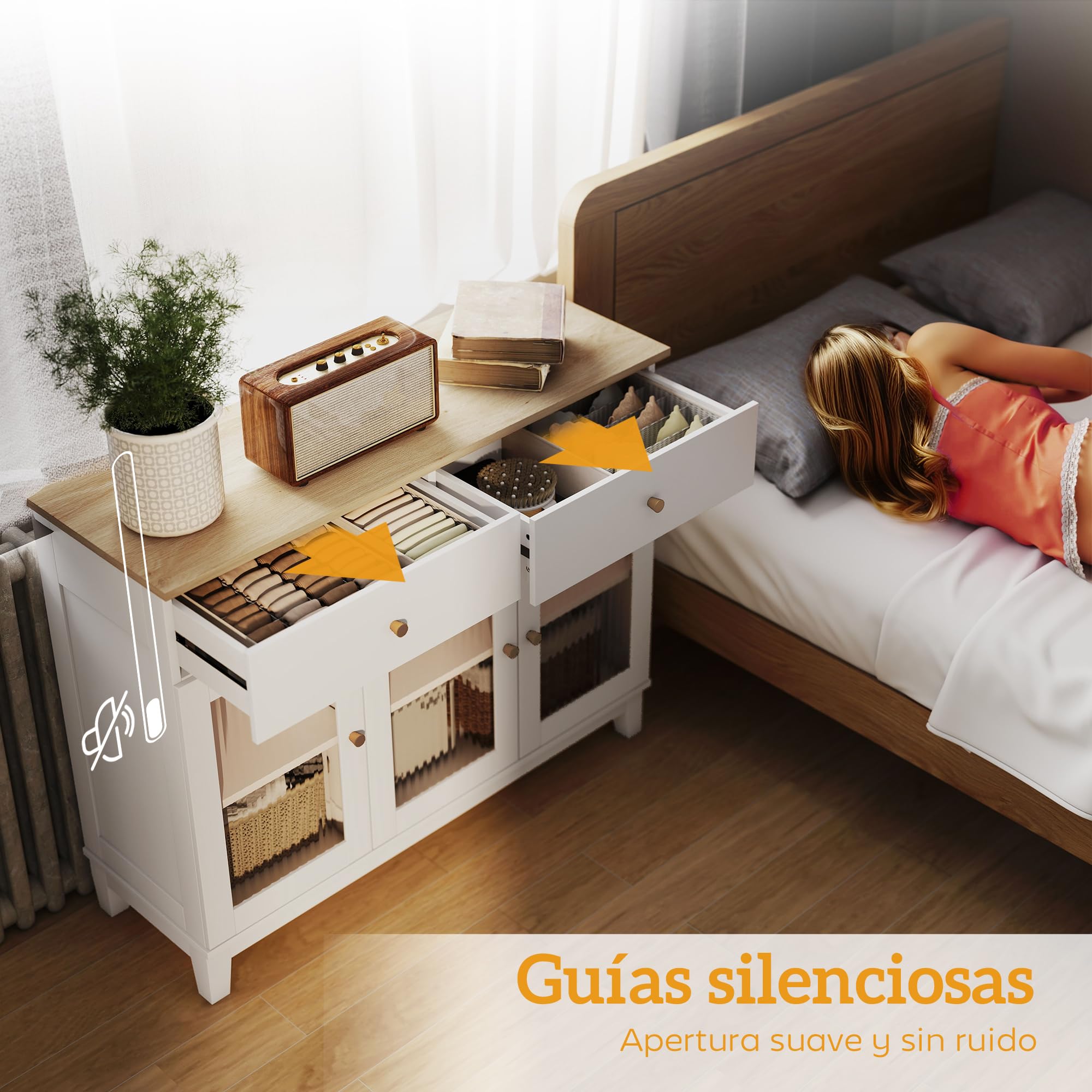HOMCOM Aparador 3 Puertas Vidrio Estriado 2 Cajones 100x35x80,3 cm Blanco | Aparador para Salón Moderno, Estantes Ajustables, Comedor, Entrada