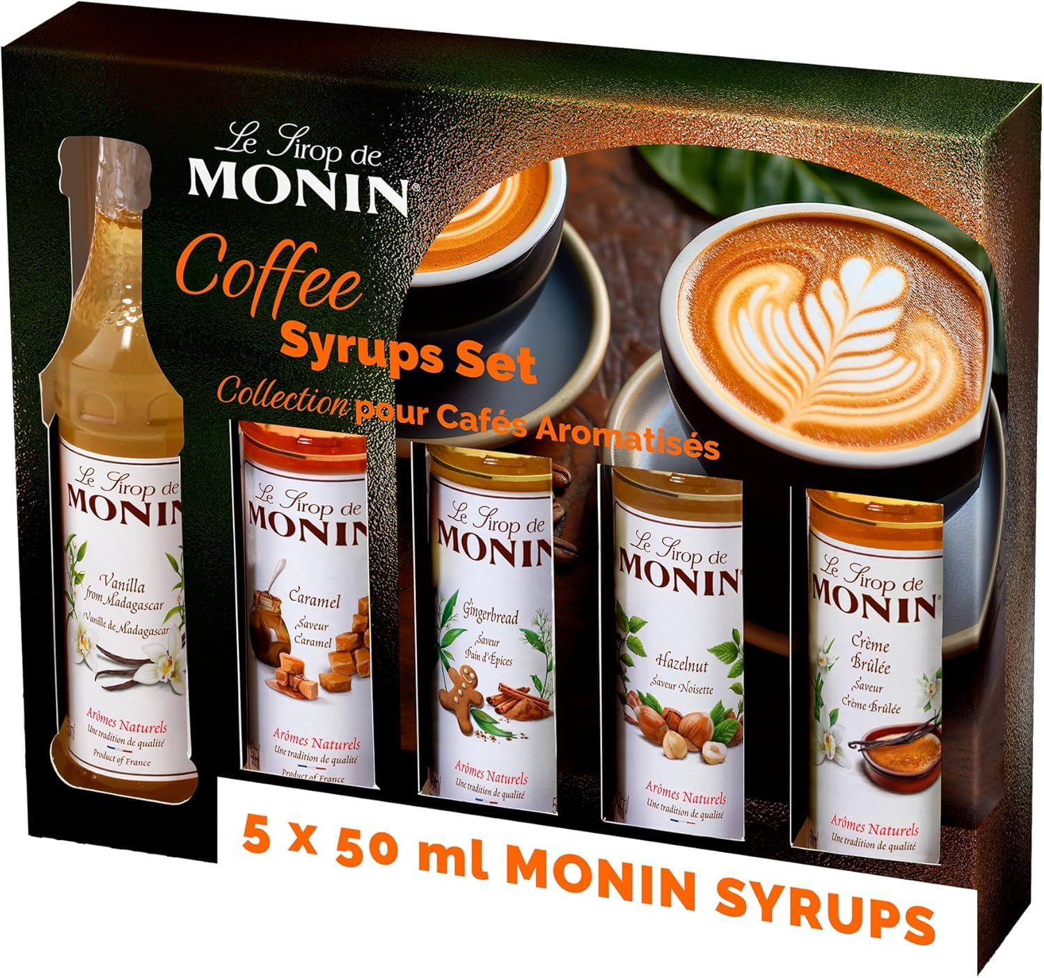 MONIN - Coffret 5*5 cl pour Boissons Chaudes - Caramel, Amaretto, Noisette Grillée, Pain d'Épices et Vanille - 5x5cl