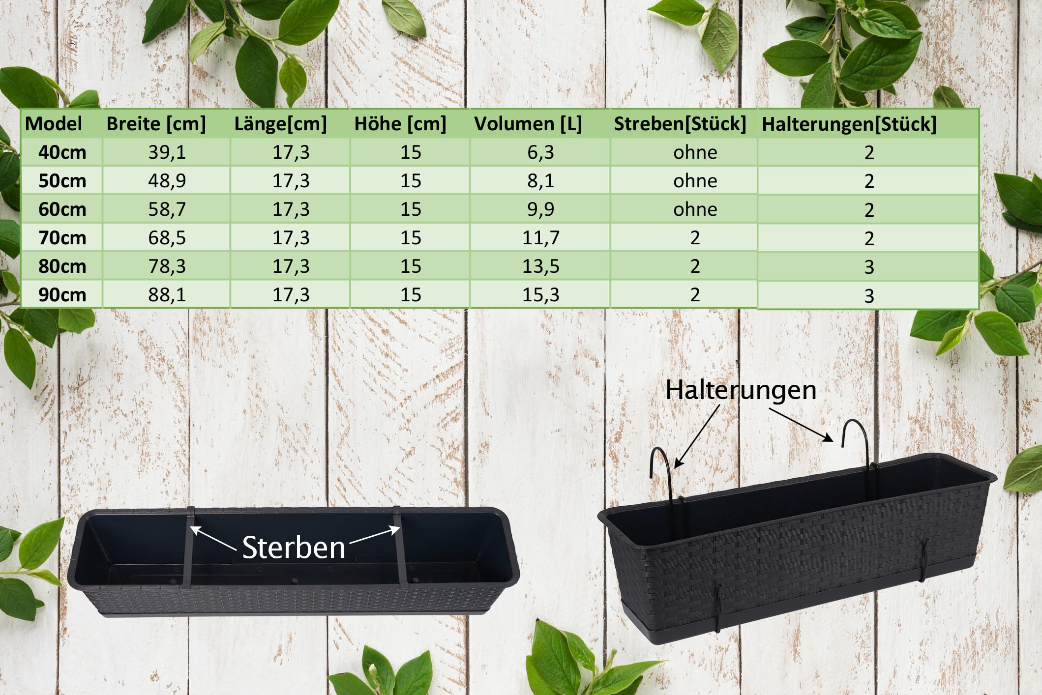 Tymar Jardinière de balcon avec support, Jardinière de balcon, 2 unités, rotin, Jardinière en plastique ((2pack) Anthracite, 80 cm)