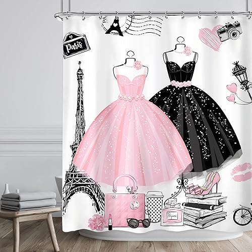 Miniatura 2 de Riyidecor Vestidos femeninos cortina de ducha de 60 pulgadas de ancho x 72 pulgadas de alto, moderna torre Eiffel, para niñas, mujeres, perfume,