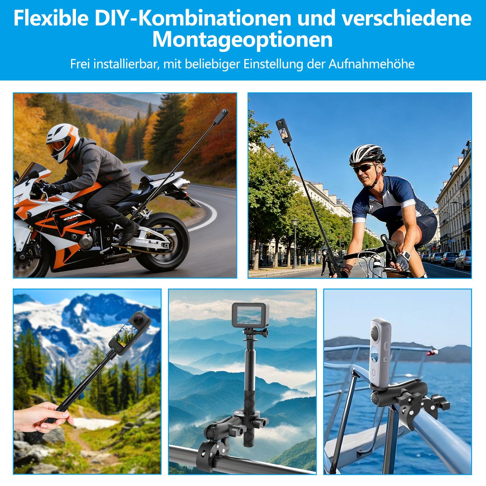 Supporto per fotocamera per moto e bicicletta, 120 cm, selfie stick, doppio morsetto
