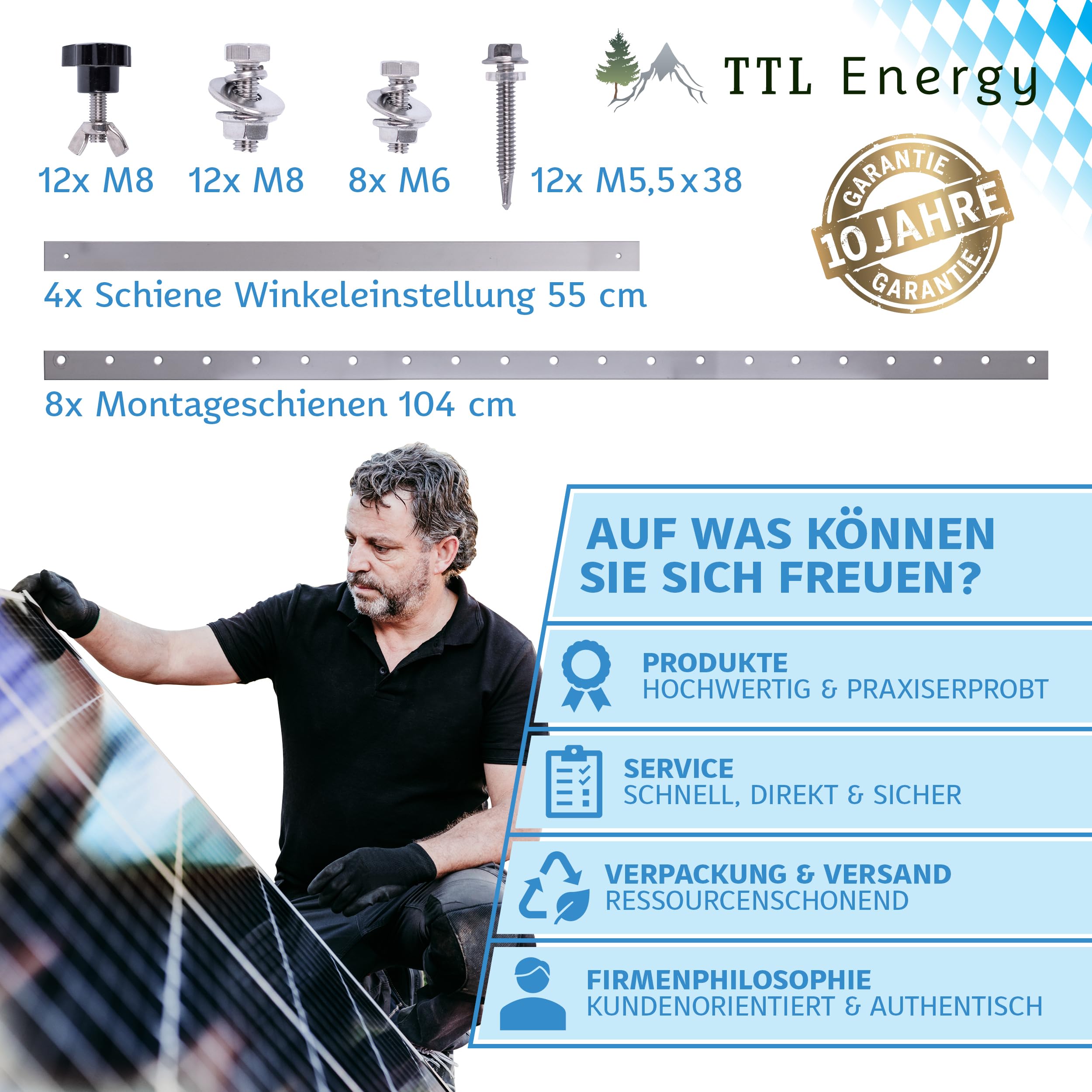 Solarmodul Halterung Alu 104 cm 41“ 4er Set 2 Paar - 0-90° Winkel einstellbar Montage & Befestigungs Set für Flachdach Aufständerung Balkonkraftwerk Solarpanel auf Balkon Garage Wand