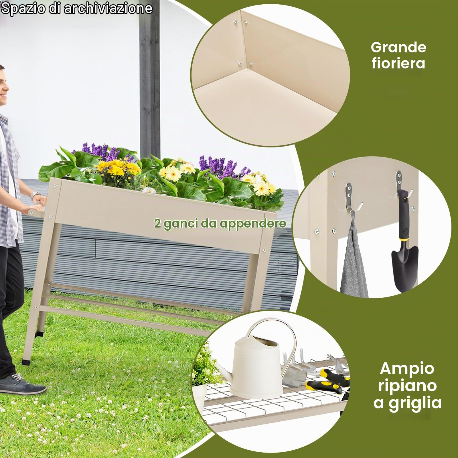 HOMASIS Fioriera Rialzata da Esterno, Aiuola Rialzata in Metallo, Letto per Orto con Mensola in Rete e 2 Ganci, Carrello Alto per Coltivazione con 2 Ruote e Maniglia, 95 x 40 x 80 cm (Beige)