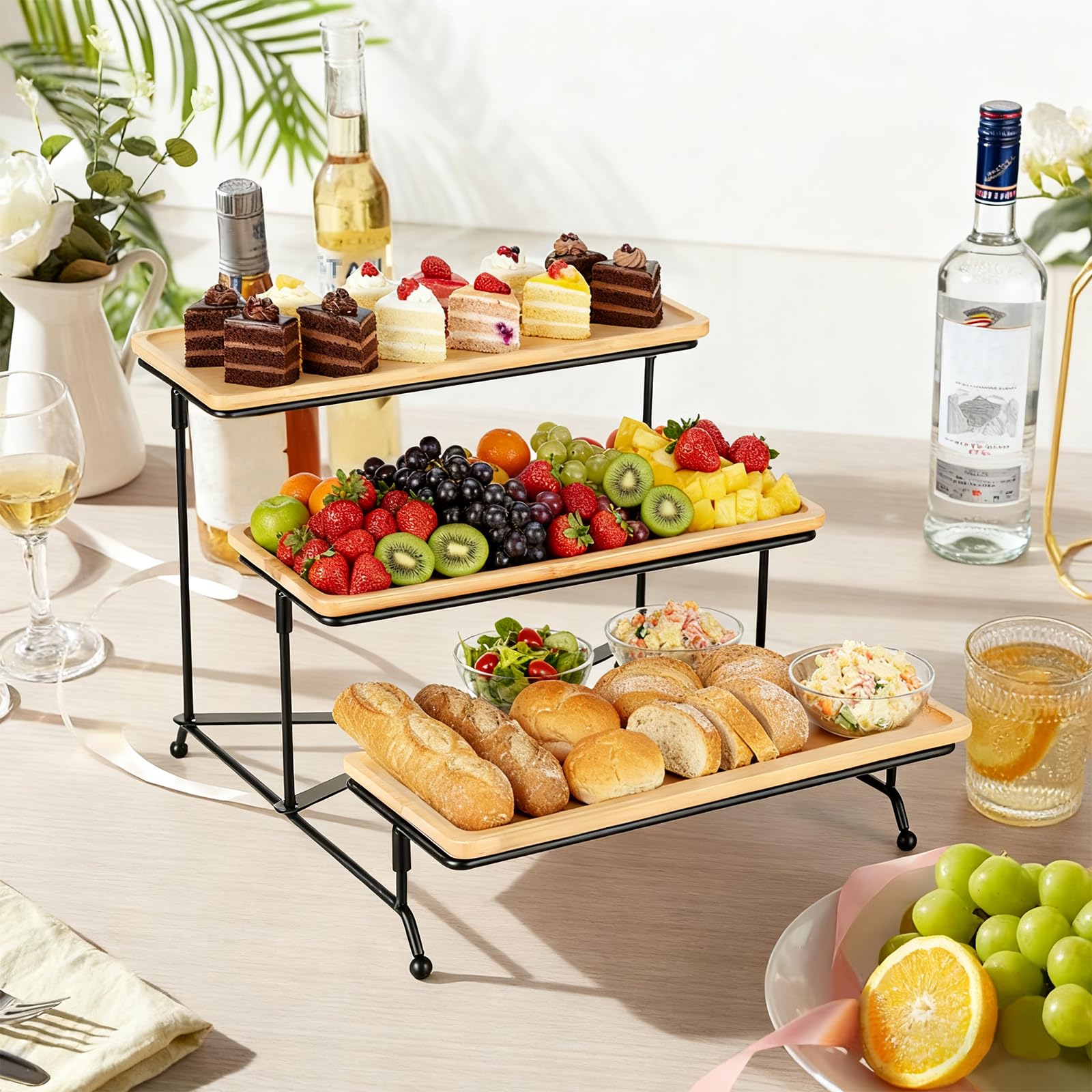Cozary Plateau Repas 3 Étages, Plateau De Service Bois 28.9x12.5x1.2cm, Support Gateau, Support en Métal Noir, Plats Et Plateaux, Presentoir a Gateau, pour Buffet/Desserts/Fruits