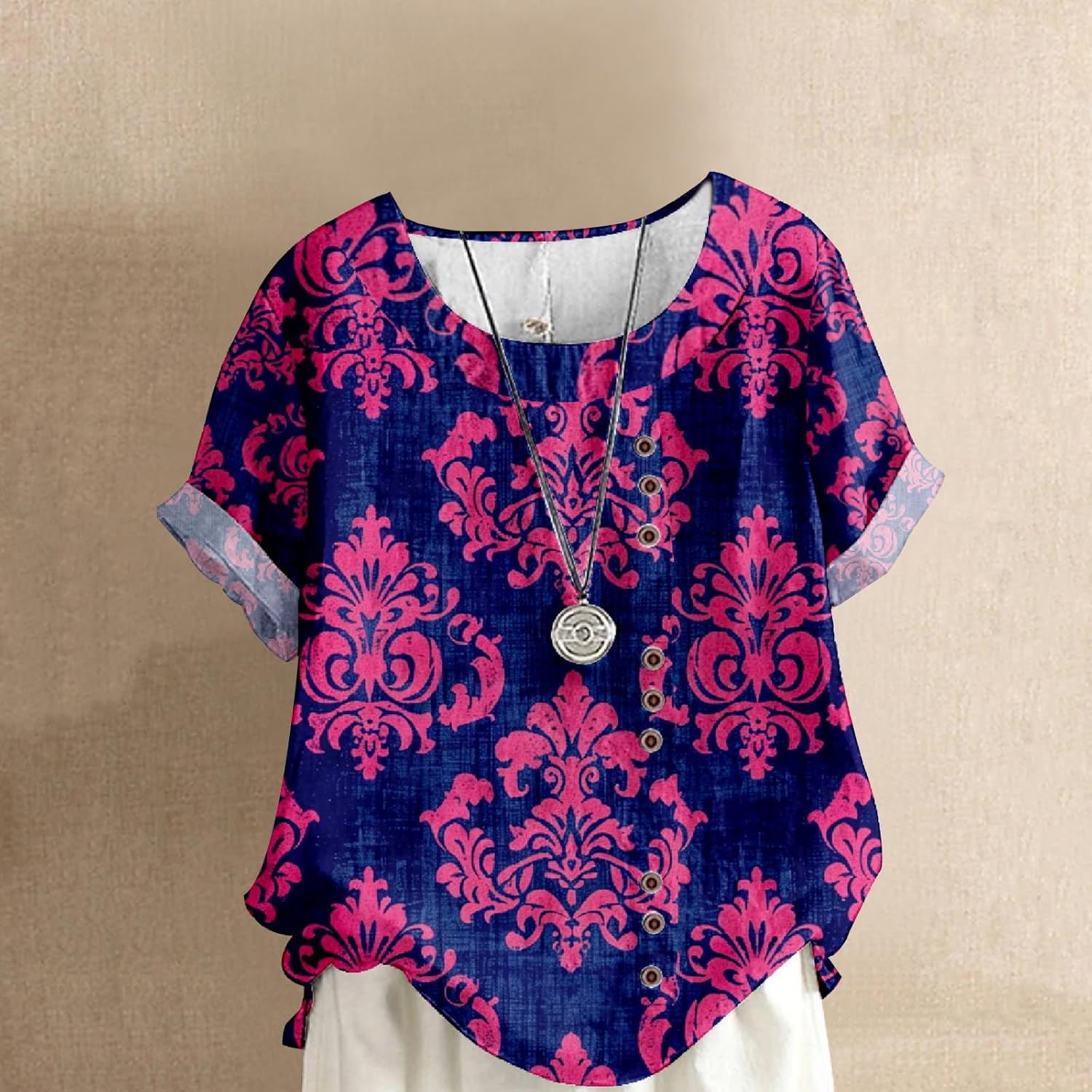 MARSVOVO Women's Bohemian Print Decorative Buttons T Shirt Summer Short Sleeve Trendy Multi Colors Shirt Casual Blouse - Image 2