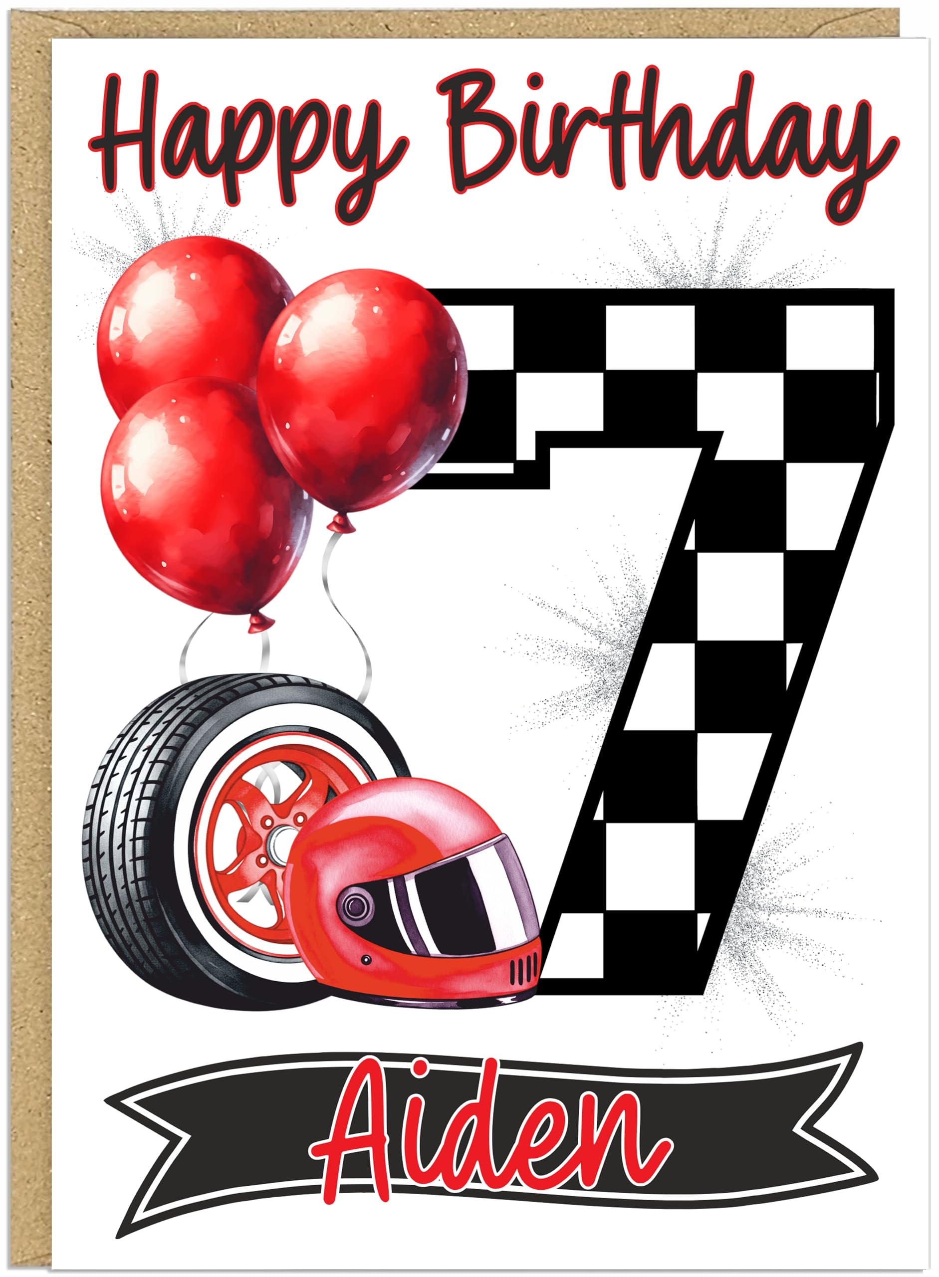 Chequered Flag Personalised Racing Birthday Cards for Boys - Custom Ages 4-9 & Own Customised Name - Happy Birthday Checkered Number Design A5 Cards (Age 7)