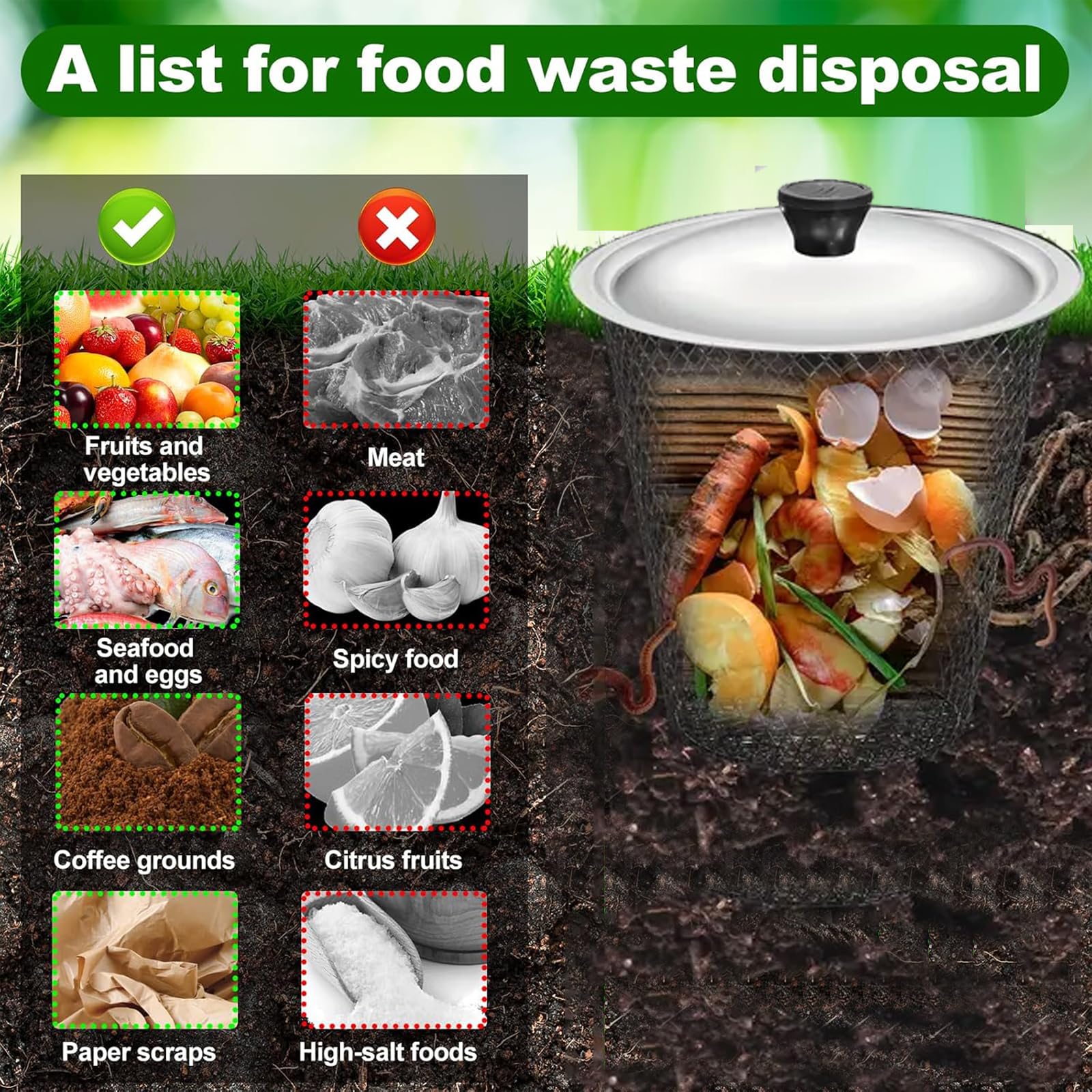 Compostador de gusanos subterráneo con tapa, paquete de 6 cajas de lombrices, sistema de compostaje rápido para residuos de jardín, contenedor de abono al aire libre para jardín, patio, solución de