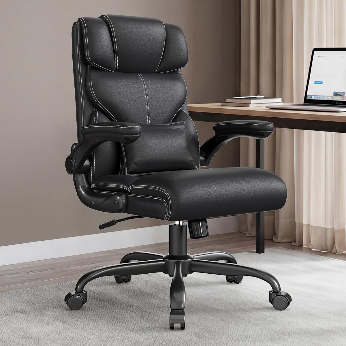 Office Chair, Executive Mid-Back Computer Desk Chair with Flip-up Armrests | 300 Lbs Ergonomic Leather Swivel PC Chair with Rock Function for Working Studying (Black)