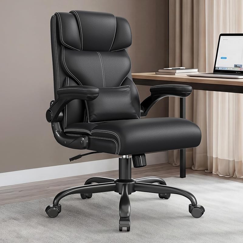 Office Chair, Executive Mid-Back Computer Desk Chair with Flip-up Armrests | 300 Lbs Ergonomic Leather Swivel PC Chair with Rock Function for Working Studying (Black)