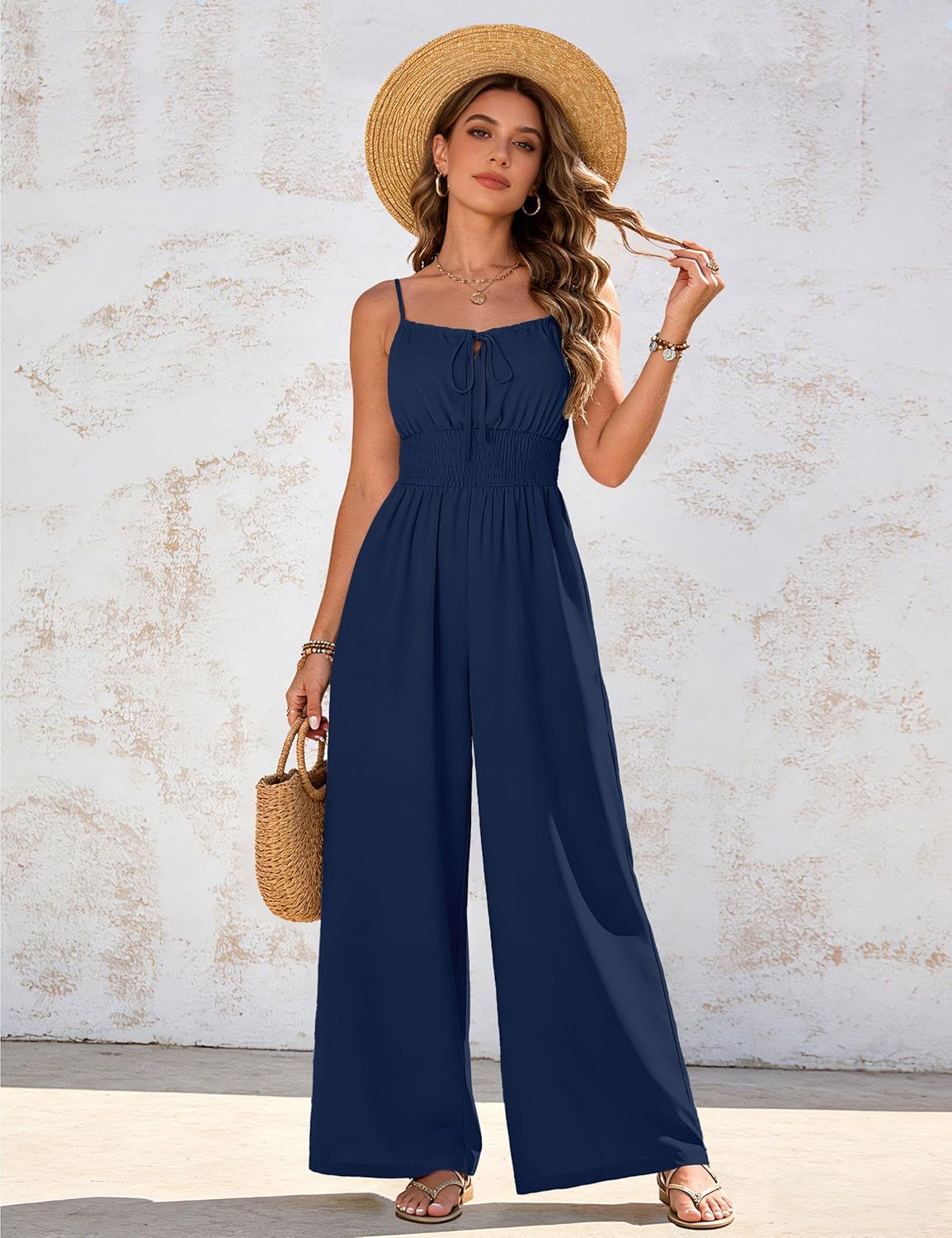 AGERWAY Womens Jumpsuits 2026 Casual Spaghetti Strap Wide Leg Long Pants Rompers One Piece Summer Outfits with Pockets