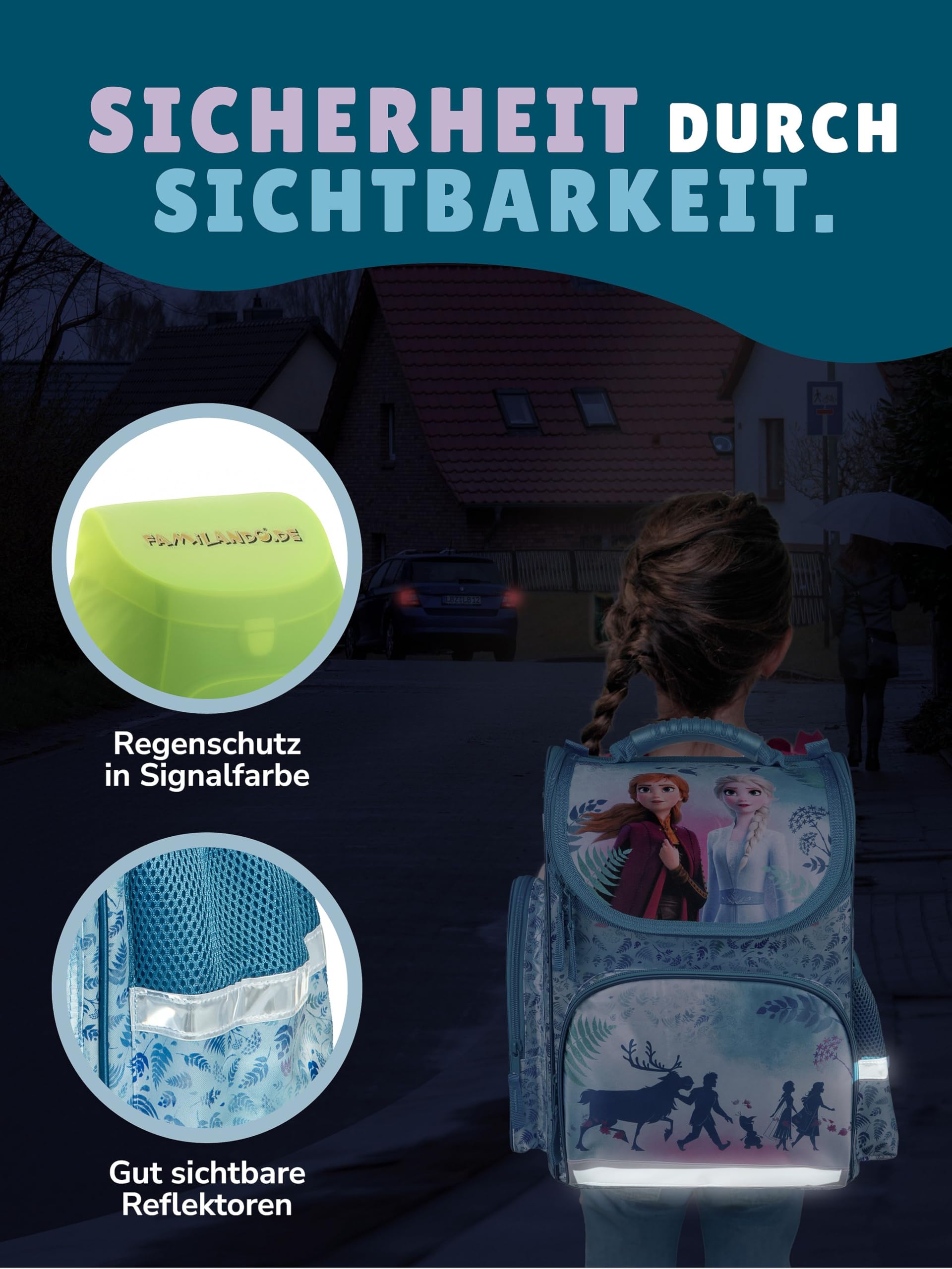 Familando - Schulranzen Set CLOU - 9-teilig mit Sporttasche - Disney Eiskönigin (Frozen) - Ergonomisch, Stabil & mit gepolstertem Rücken - 930g leicht - 15L Volumen - Mit Reflektoren - ab 1. Klasse