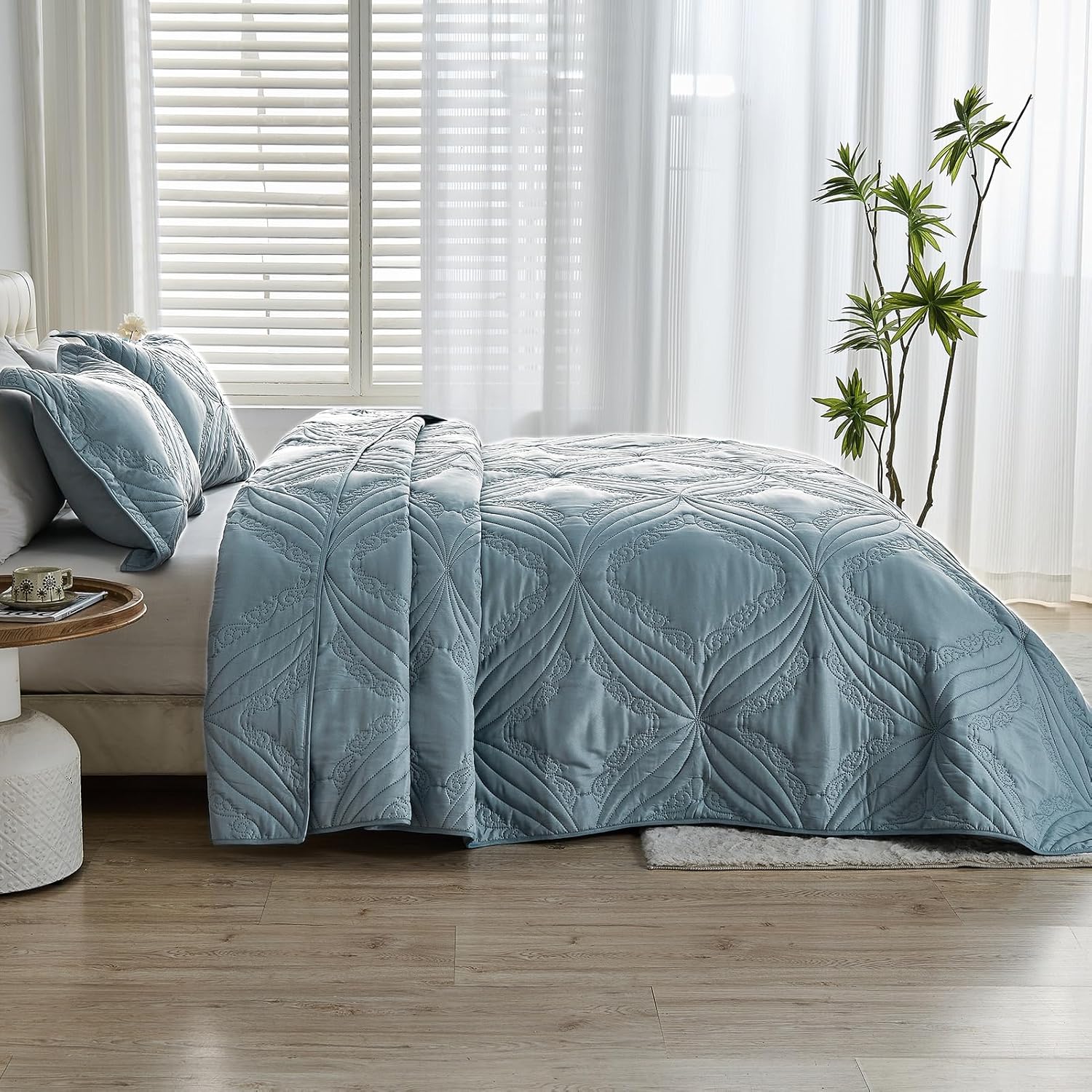 Kingnex Oversized King Bedspreads 128x120 for Tall King or Cal King Bed Ultrasonic Quilted Coverlet Set 3 Piece Include 1 Extra Wide Quilt 2 Pillowcases Blue - Image 3